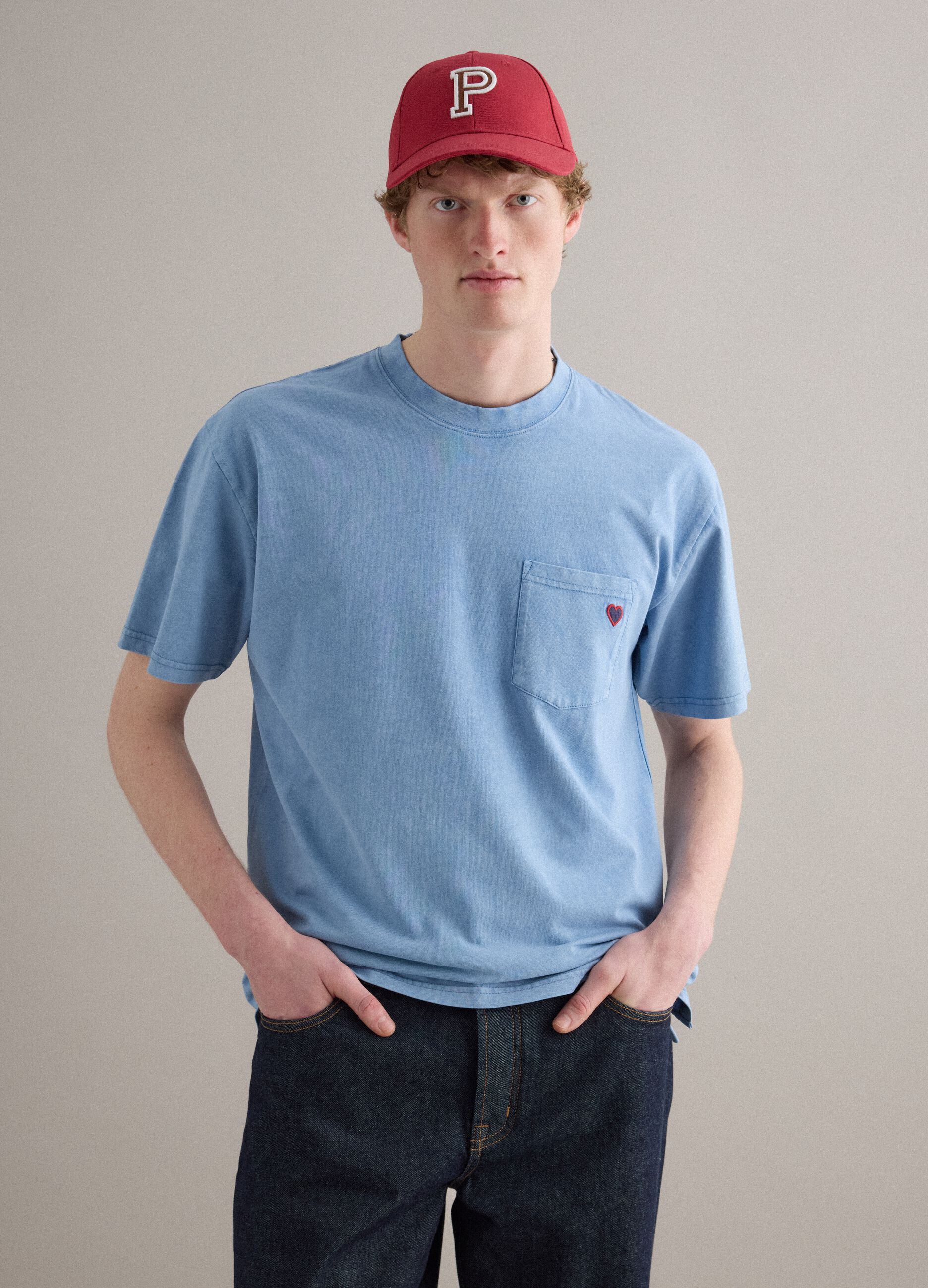 Sky blue pure cotton crew neck T-shirt with relaxed fit
