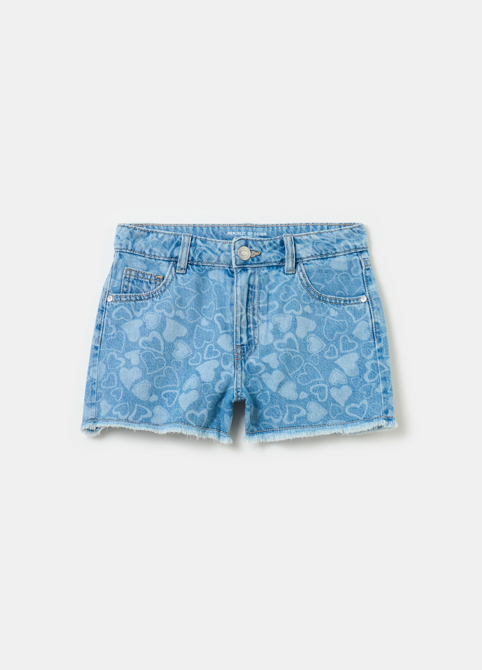 Denim shorts with all-over hearts print