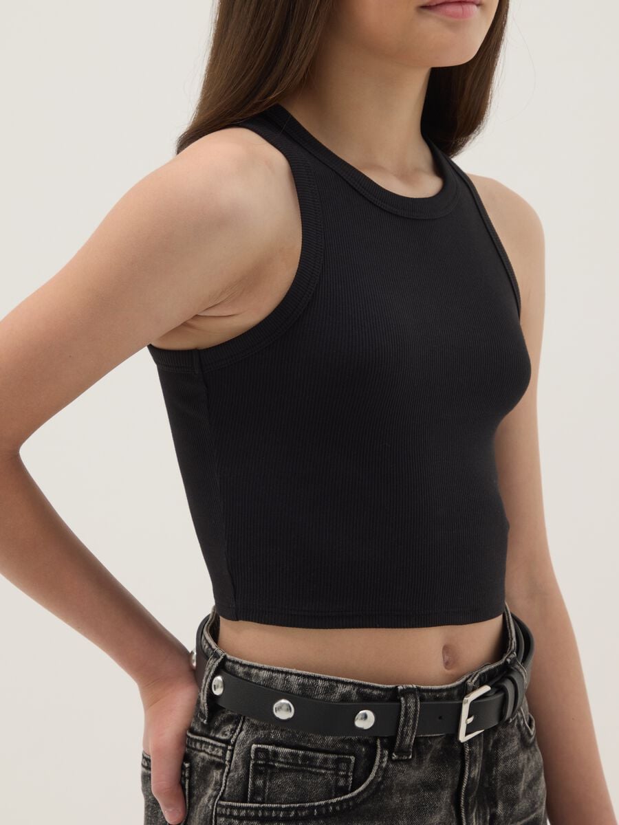 Girls&rsquo; black fitted ribbed stretch-cotton vest top_2