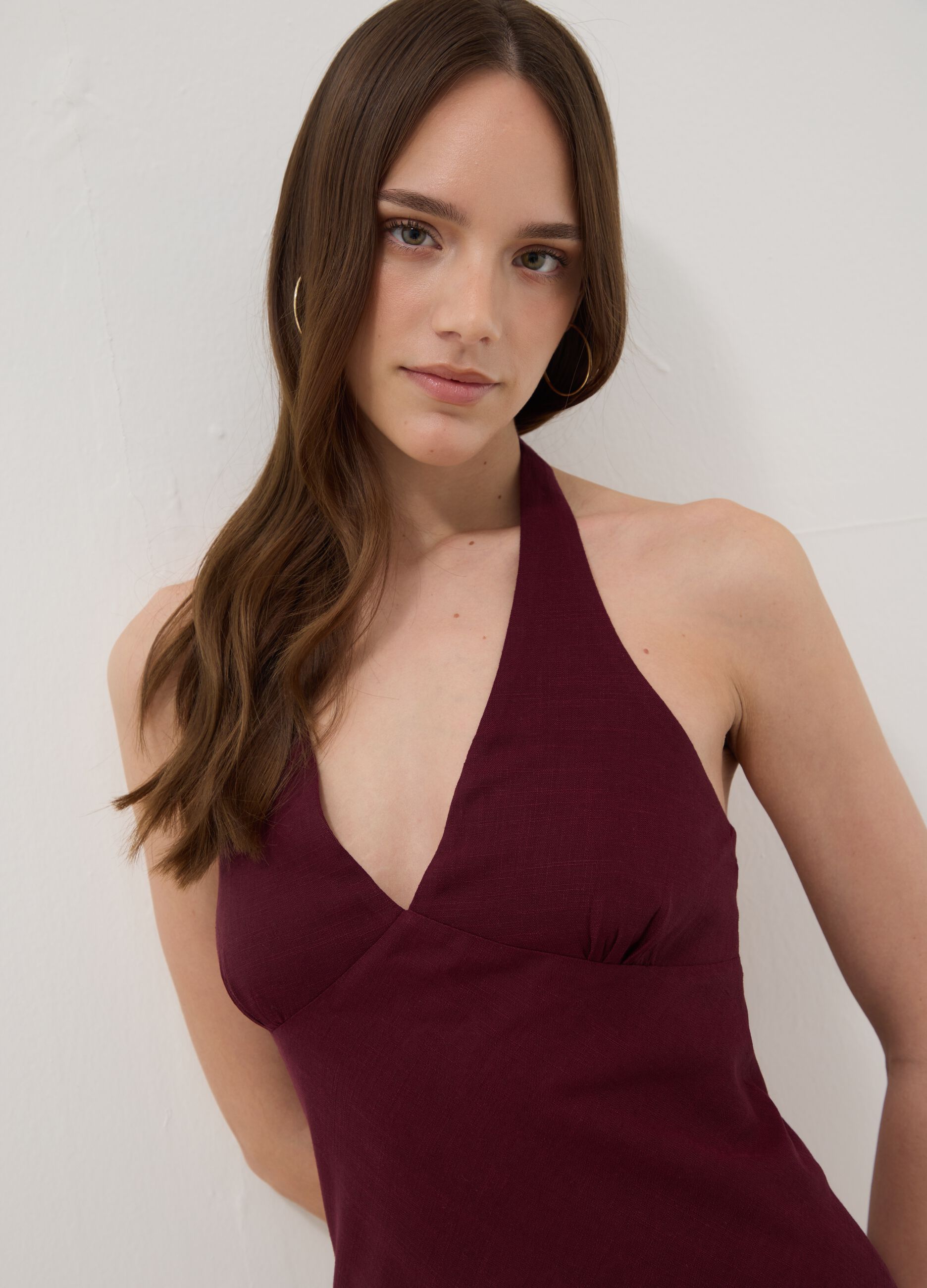 Bordeauxfarbenes Mini-Kleid aus Viskose-Leinen-Mix, Regular Fit