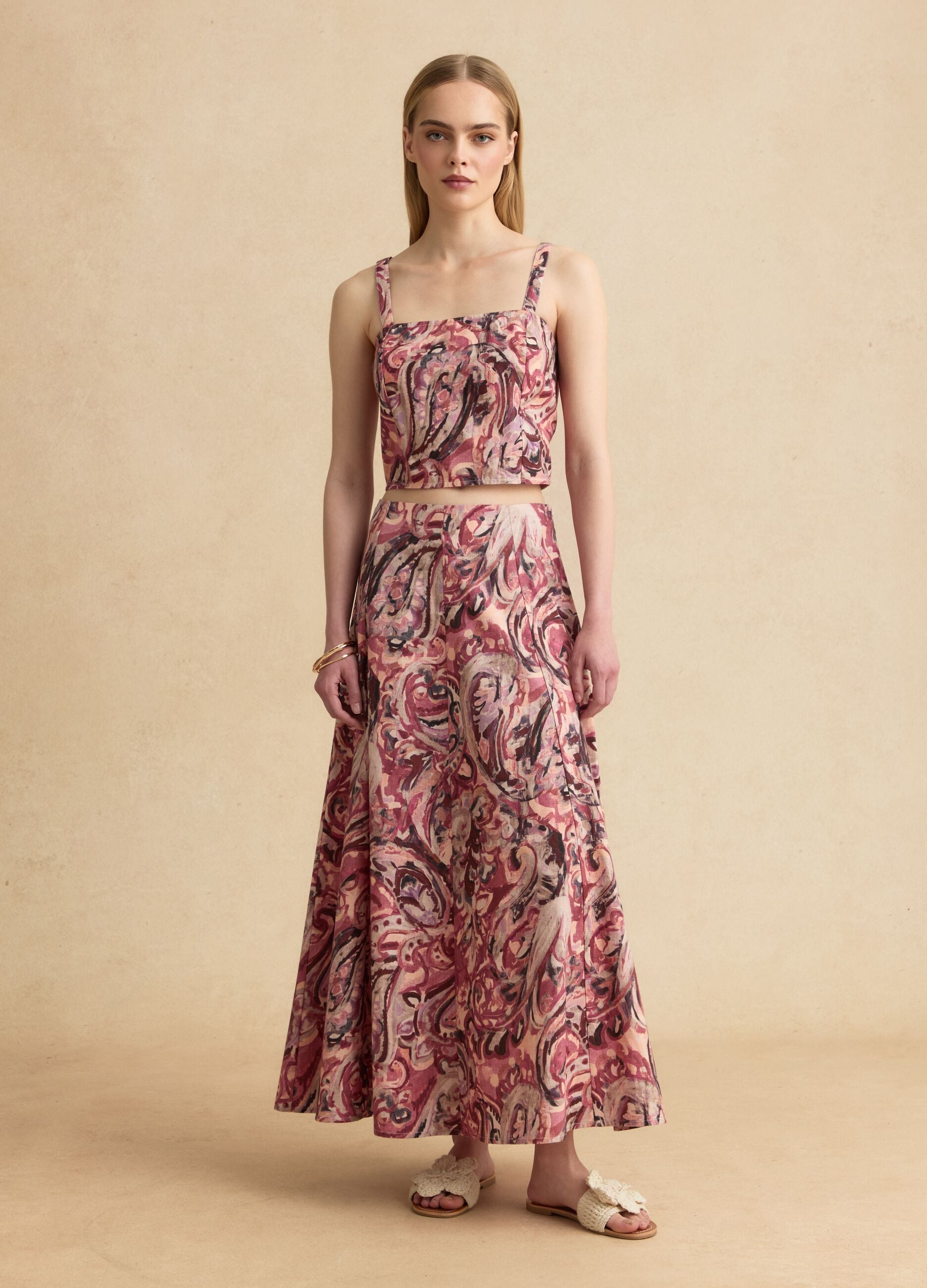 Multicolour cotton and linen-blend midi skirt