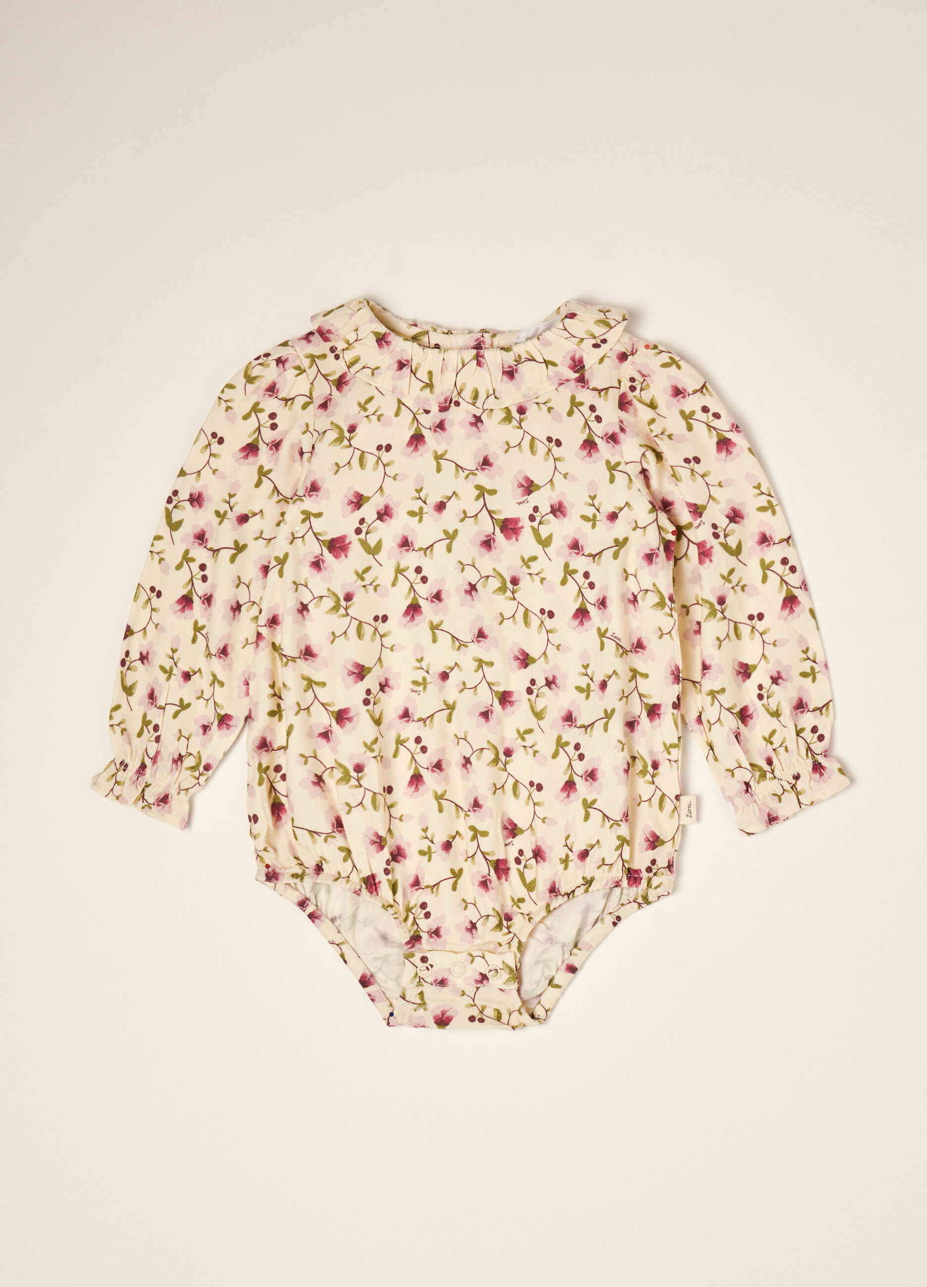 Beige floral pure viscose baby bodysuit with round neck