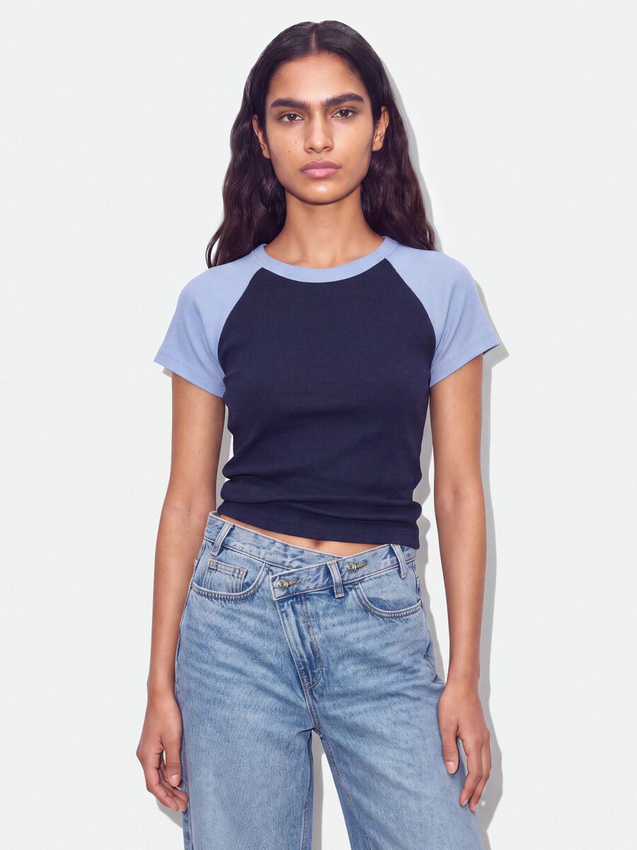 Blue stretch cotton crew-neck T-shirt with contrast sleeves_0