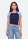 T-shirt blu in cotone elasticizzato a girocollo con maniche a contrasto_1