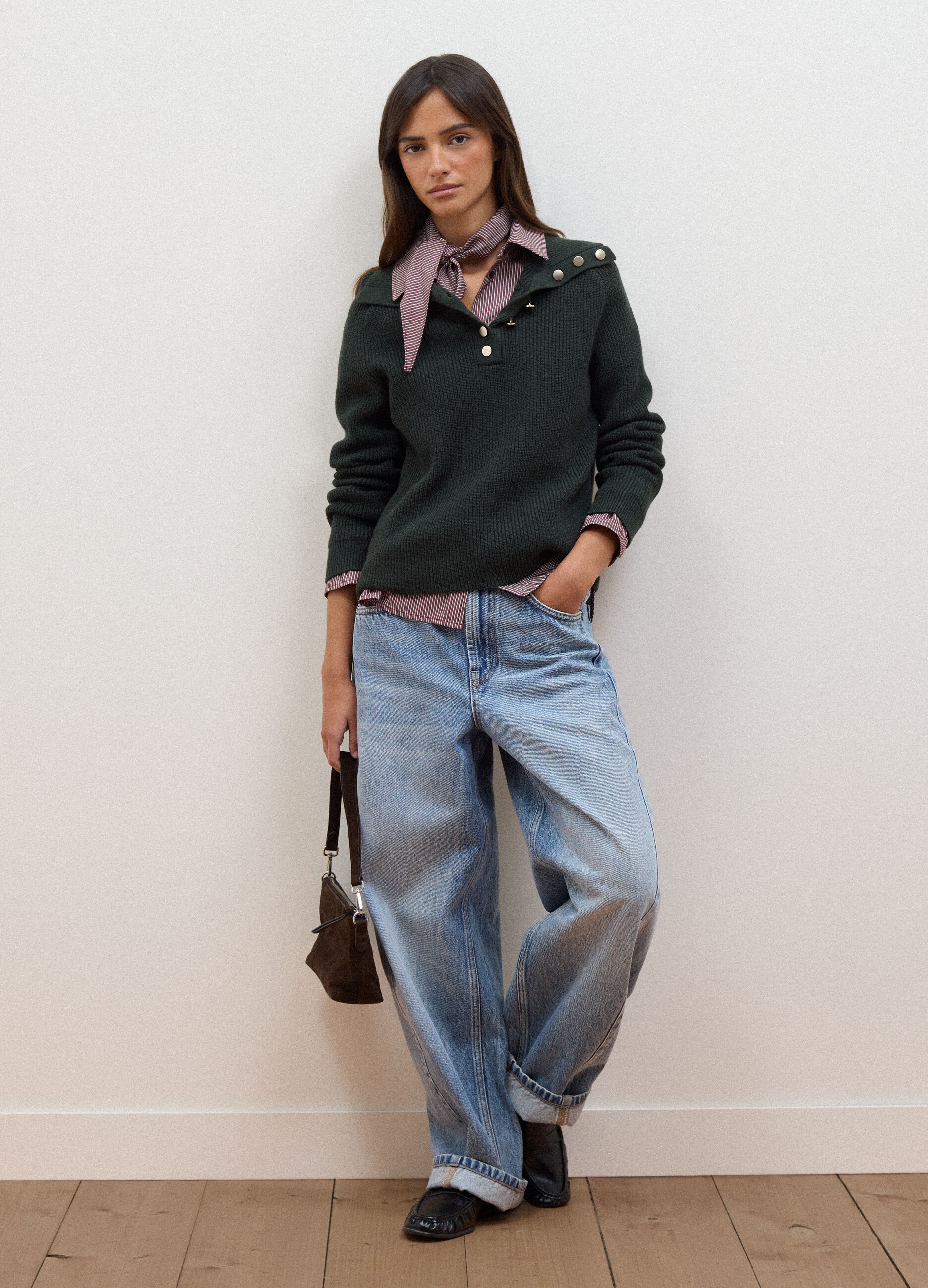 Green ribbed viscose-blend top with collar