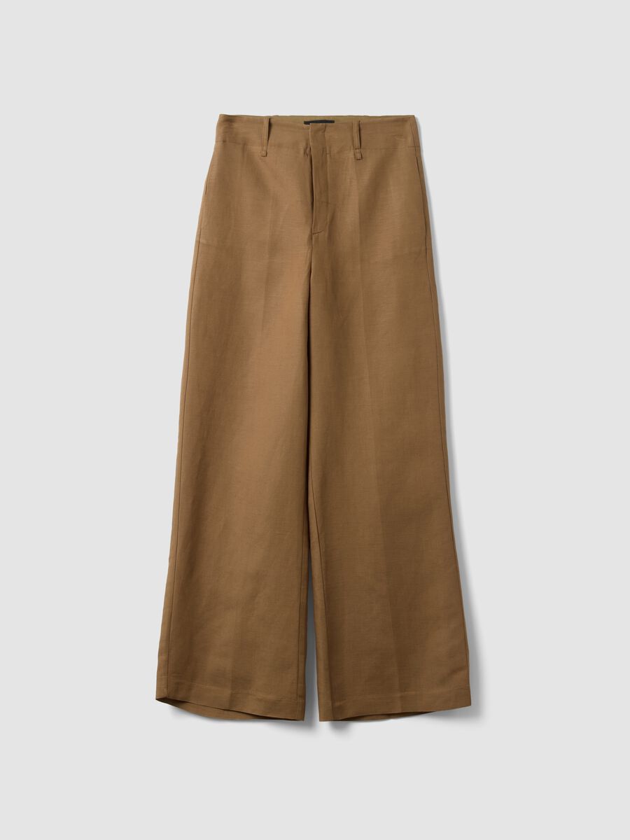 Brown linen-viscose blend wide-leg trousers with structured waistband_4