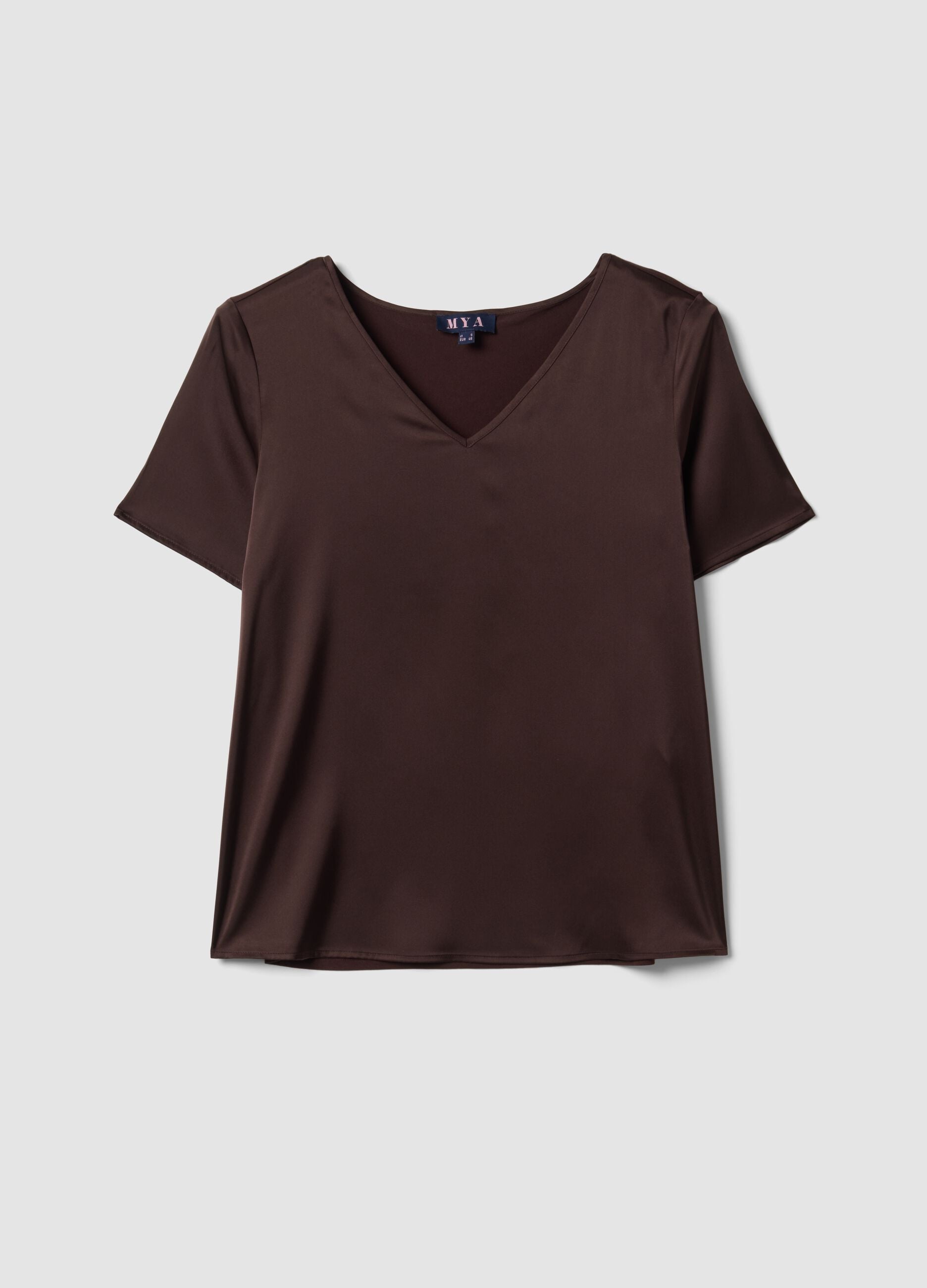 Brown satin stretch V-neck blouse, regular fit