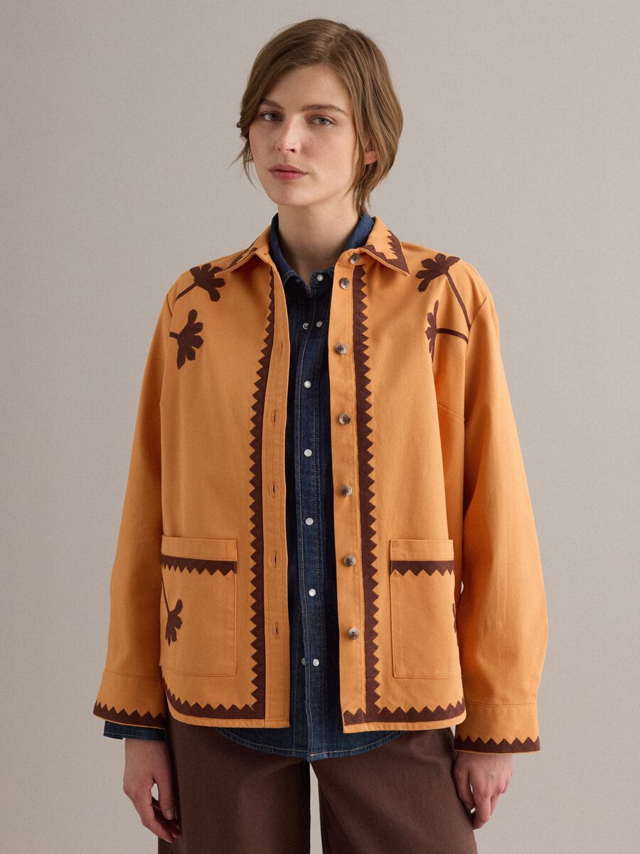 Orange Jacke aus reiner Baumwolle mit Kontraststickerei_0