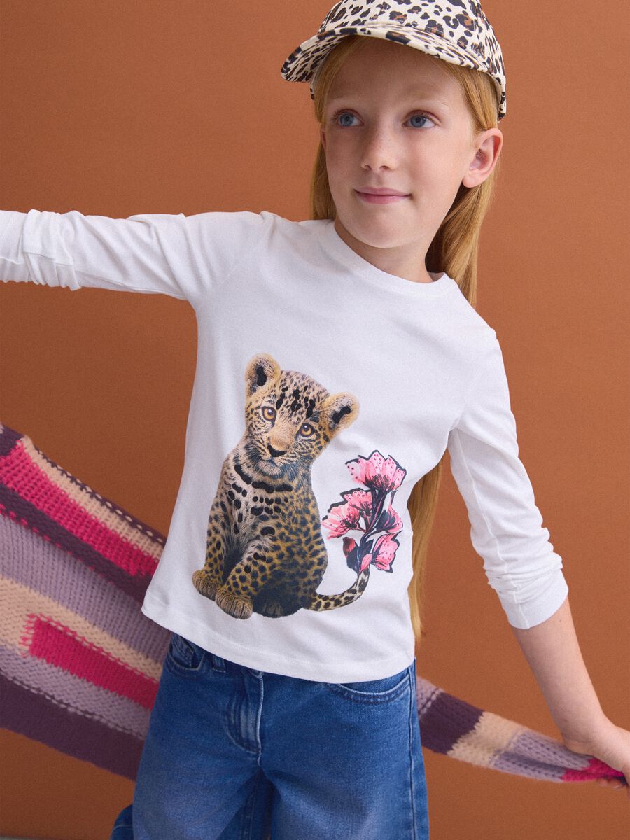 Beige stretch cotton cap with animal print_1