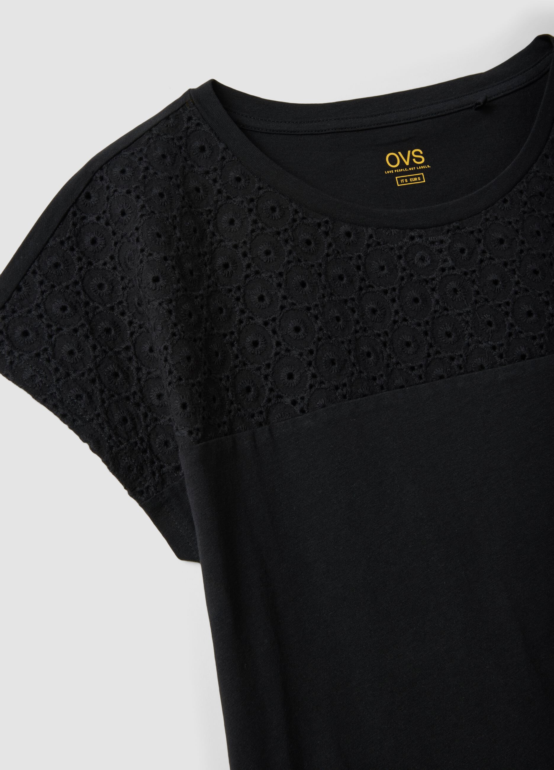 Black pure cotton T-shirt with Broderie Anglaise lace insert