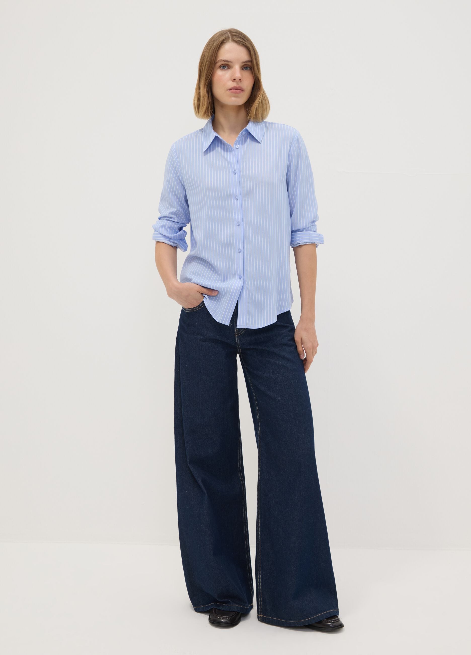 Blue striped pure viscose shirt, regular fit