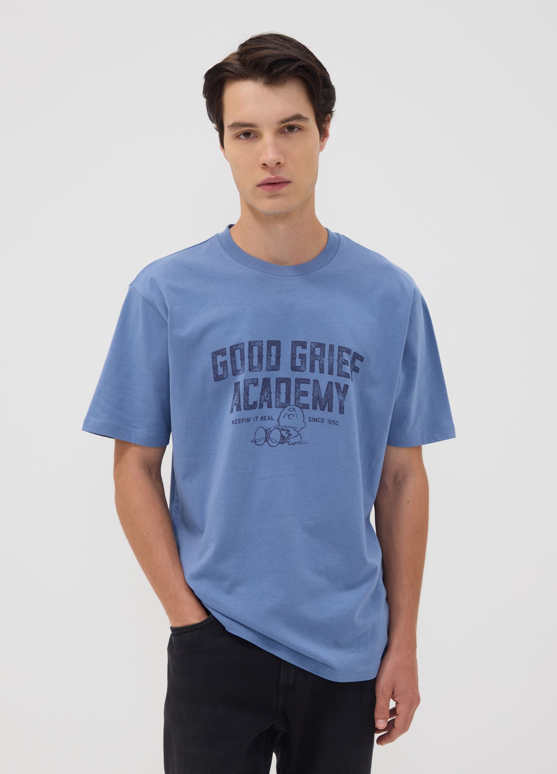 Blue pure cotton Peanuts print T-shirt, relaxed fit