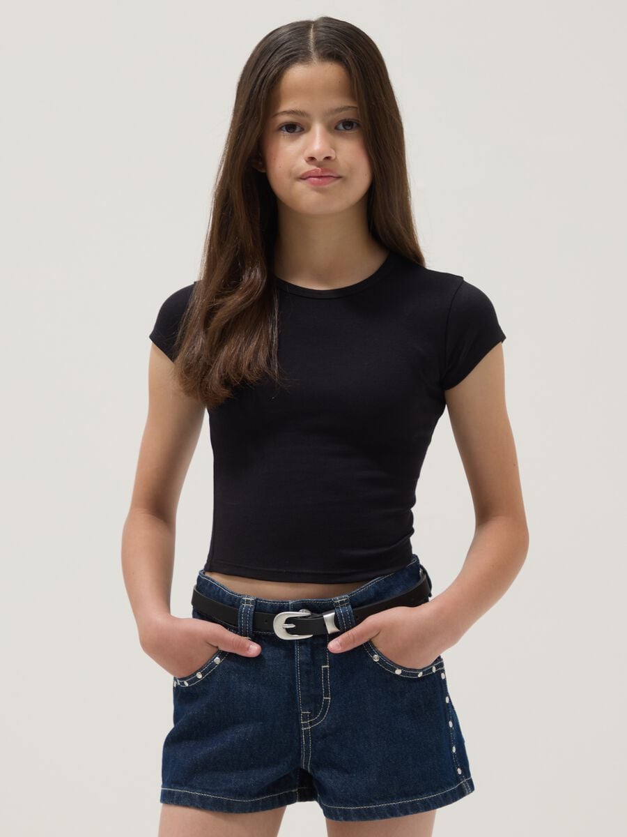 Girls&rsquo; black fitted stretch-cotton T-shirt_0