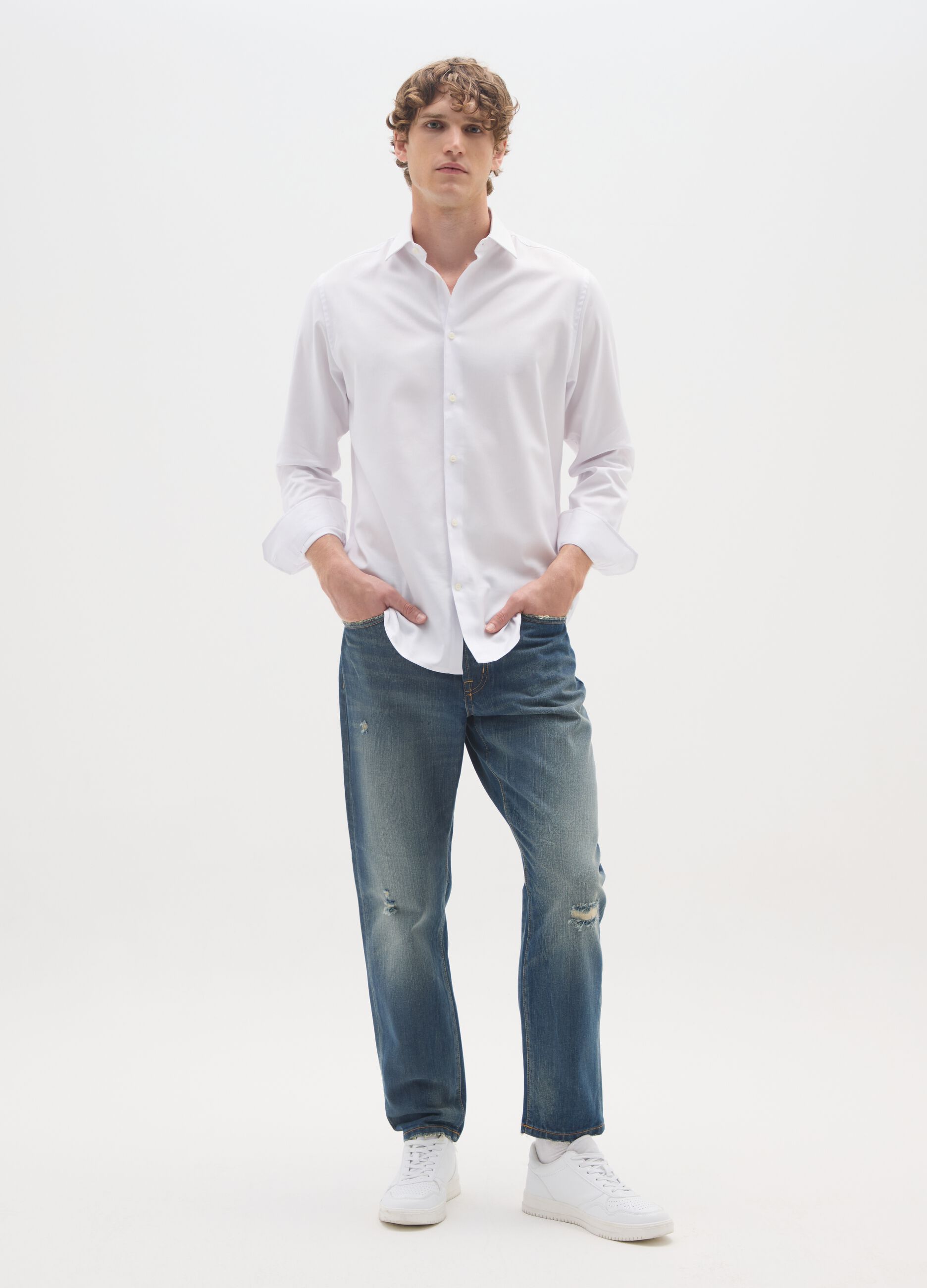 Regular tapered pure cotton denim jeans