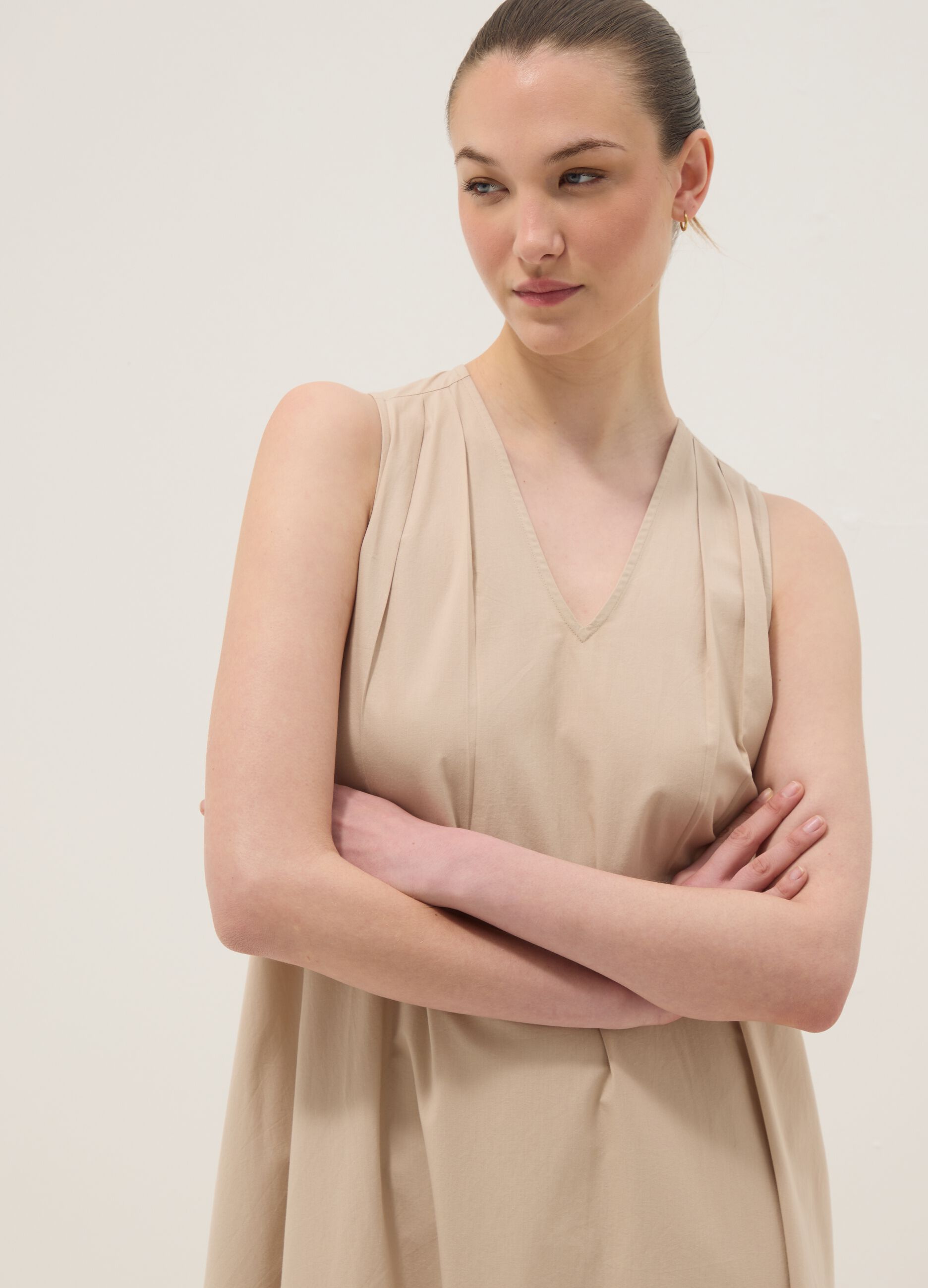 Beige midi dress in pure cotton with V-neck