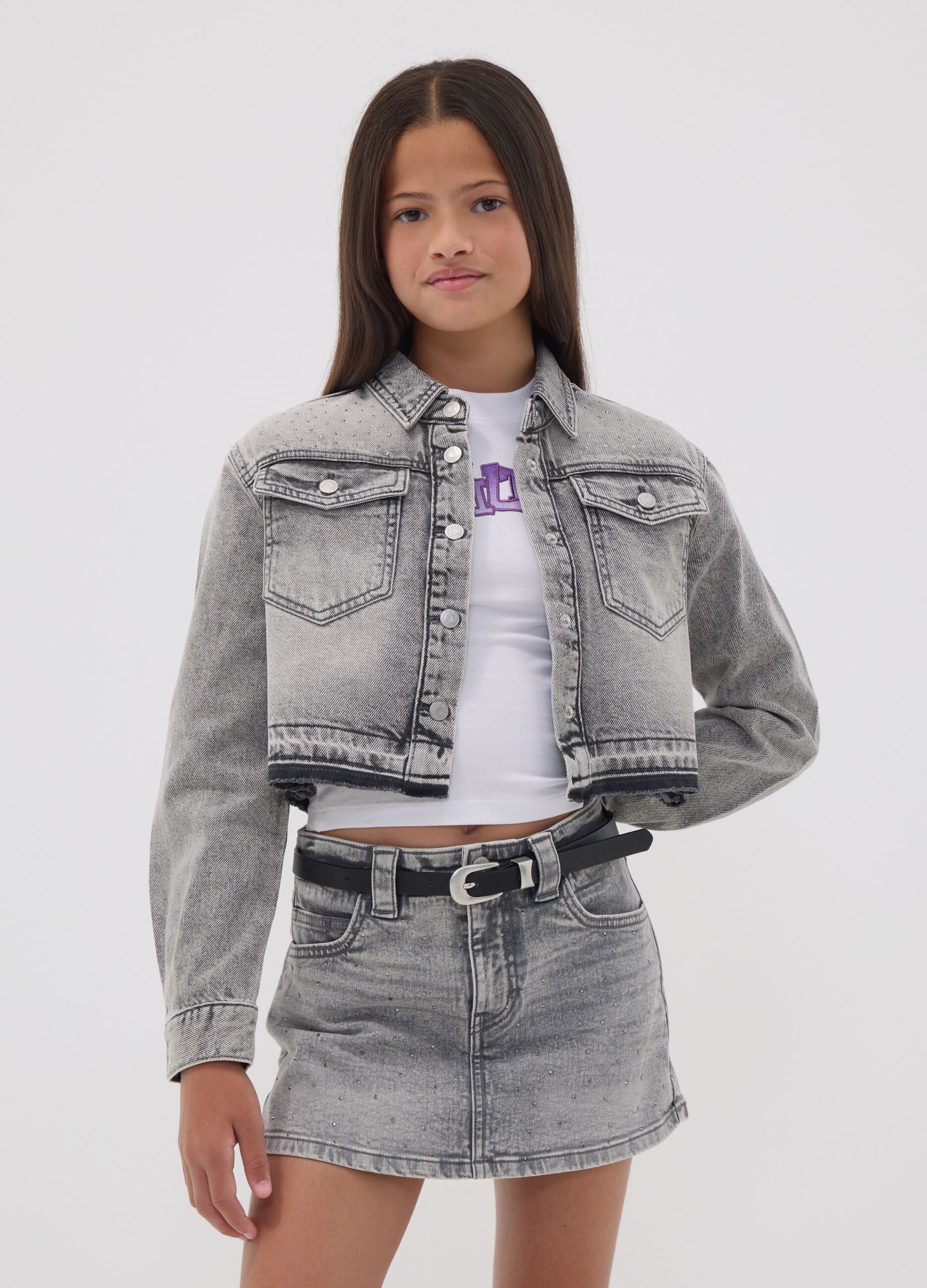 Camicia grigia corta in puro cotone con borchie per ragazza