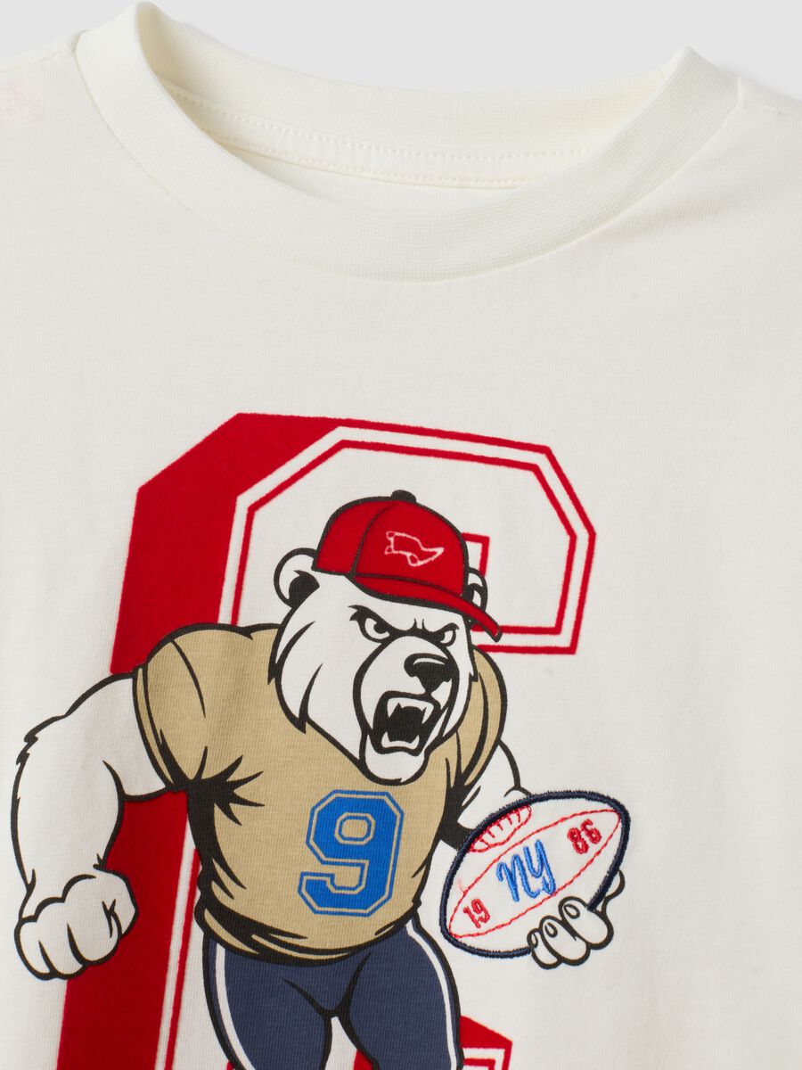 T-shirt bianca in puro cotone a girocollo con stampa orso per bambino_2