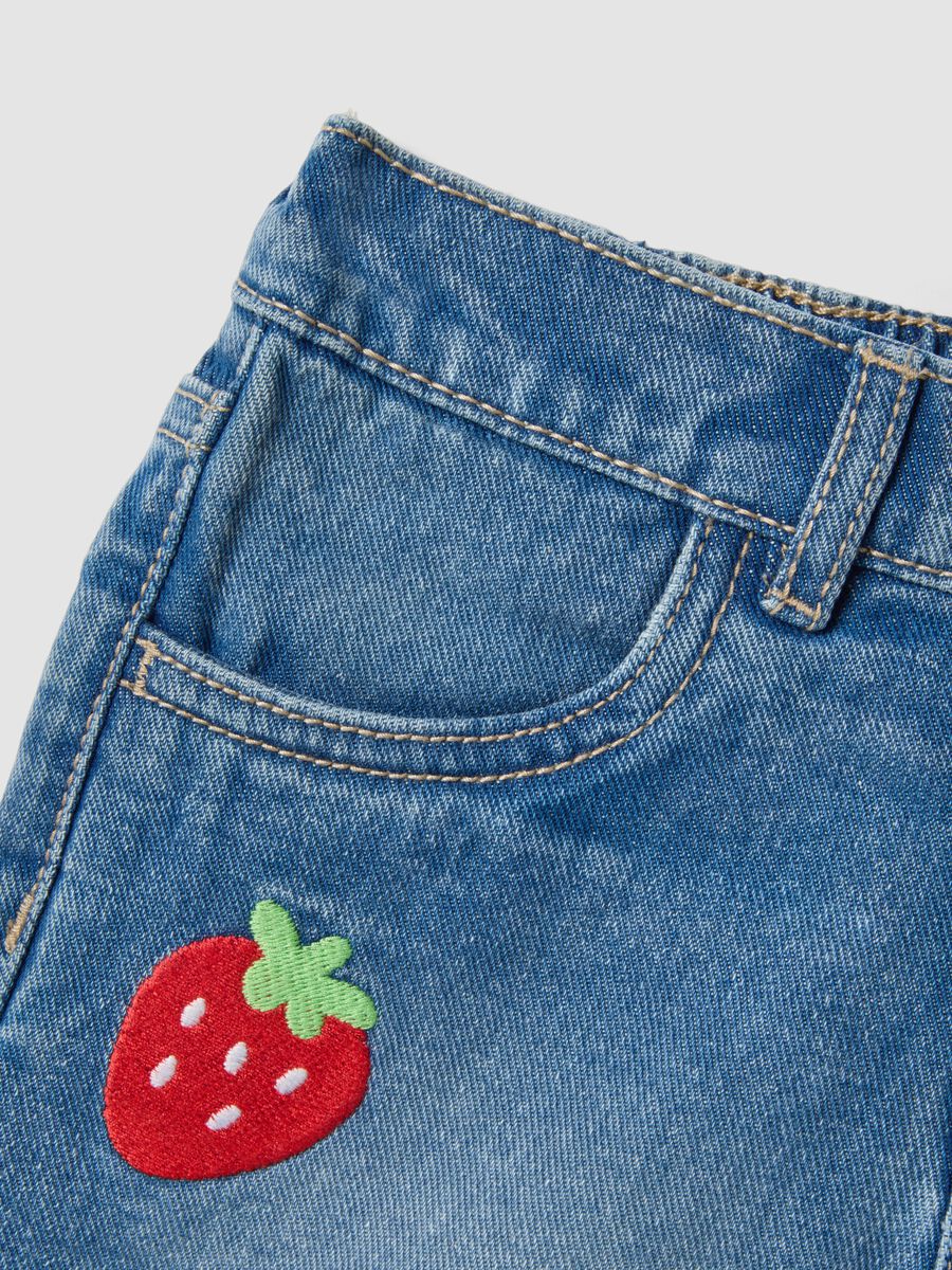 Blue pure cotton girls&rsquo; denim shorts, wide leg with embroidery_2