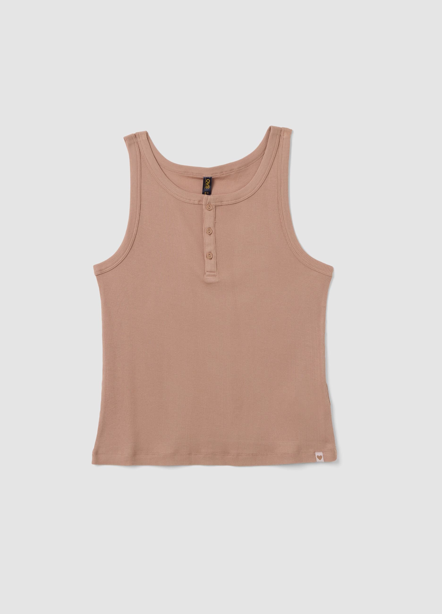 Top interior bege canelado em mistura de algod&atilde;o e viscose com decote henley