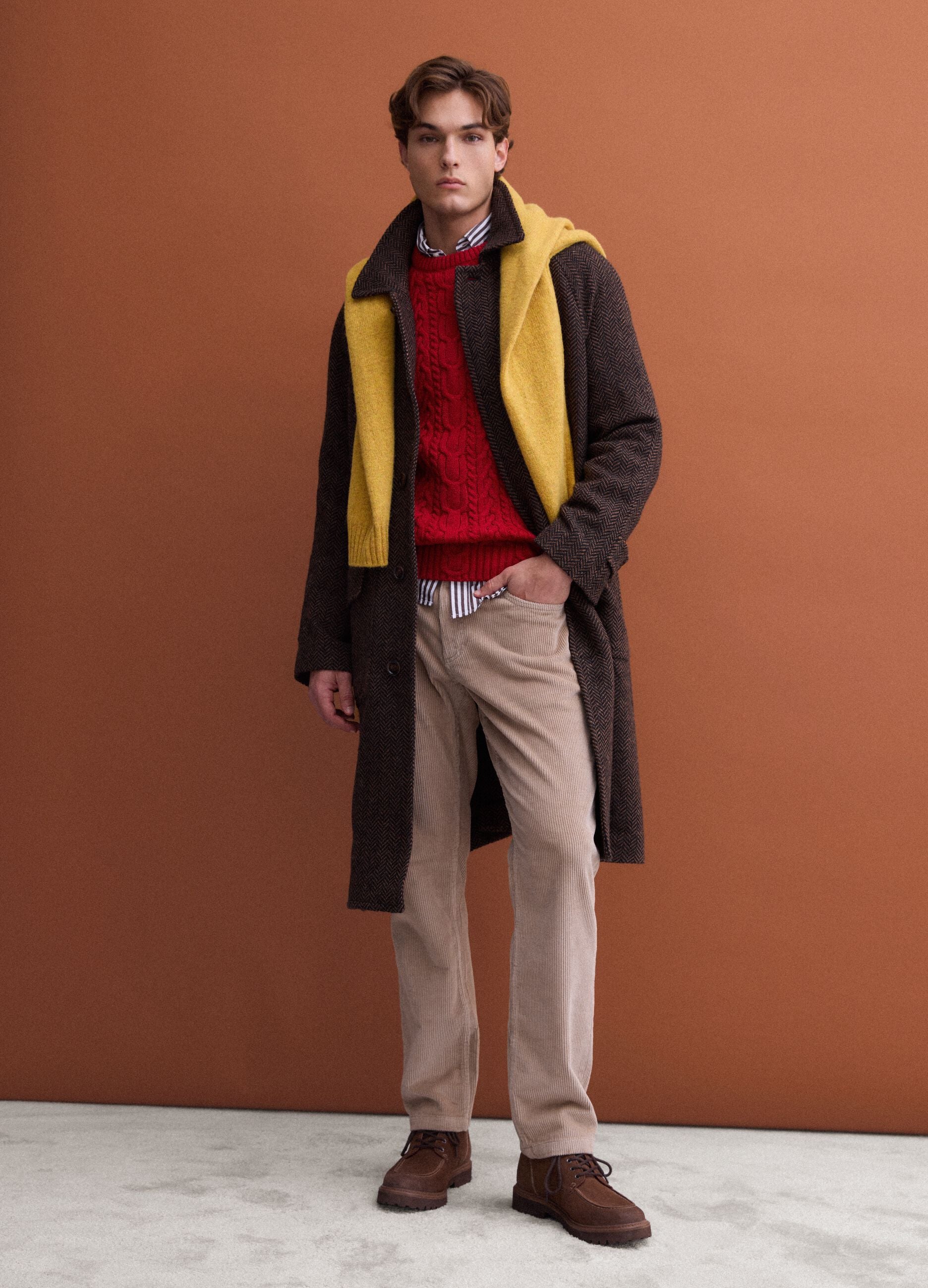 Brown and black wool-blend herringbone overfit coat