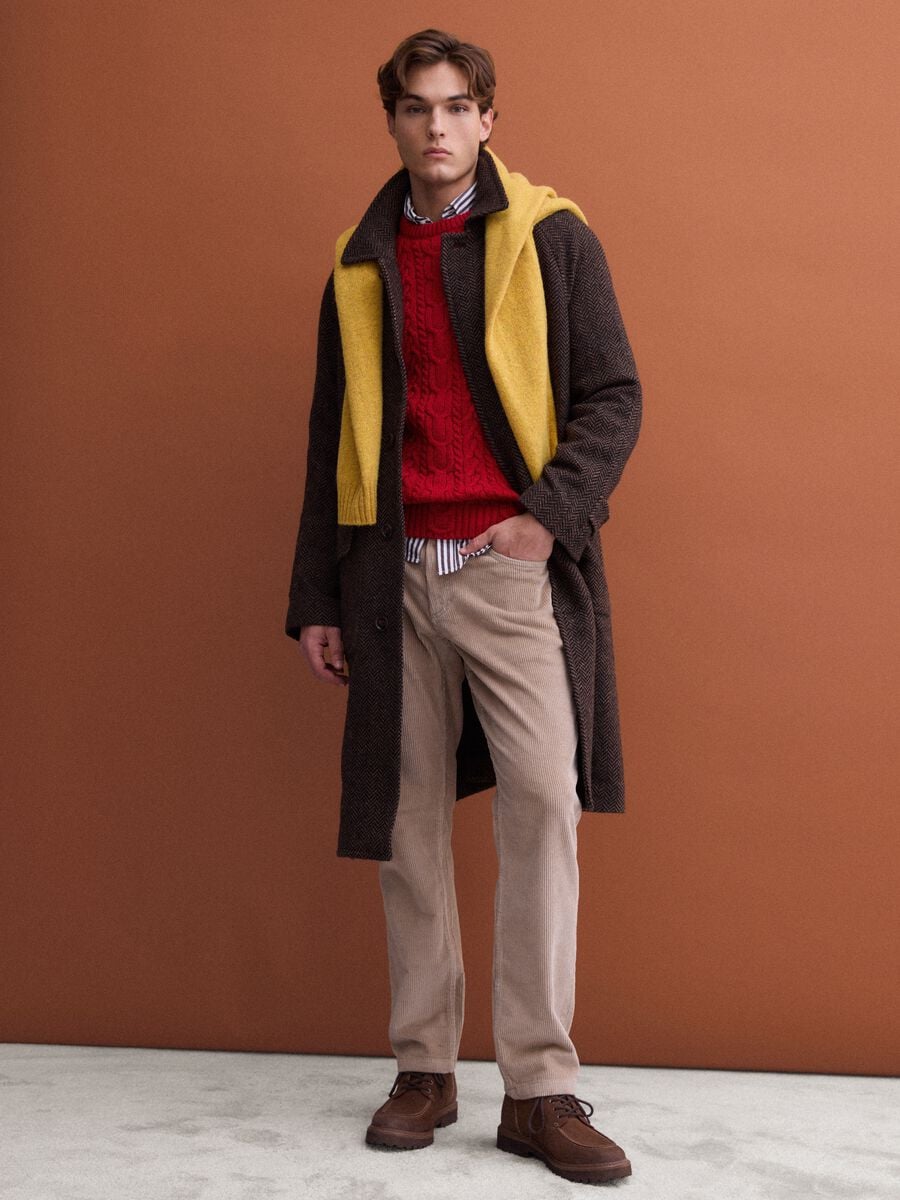 Brown and black wool-blend herringbone overfit coat_1