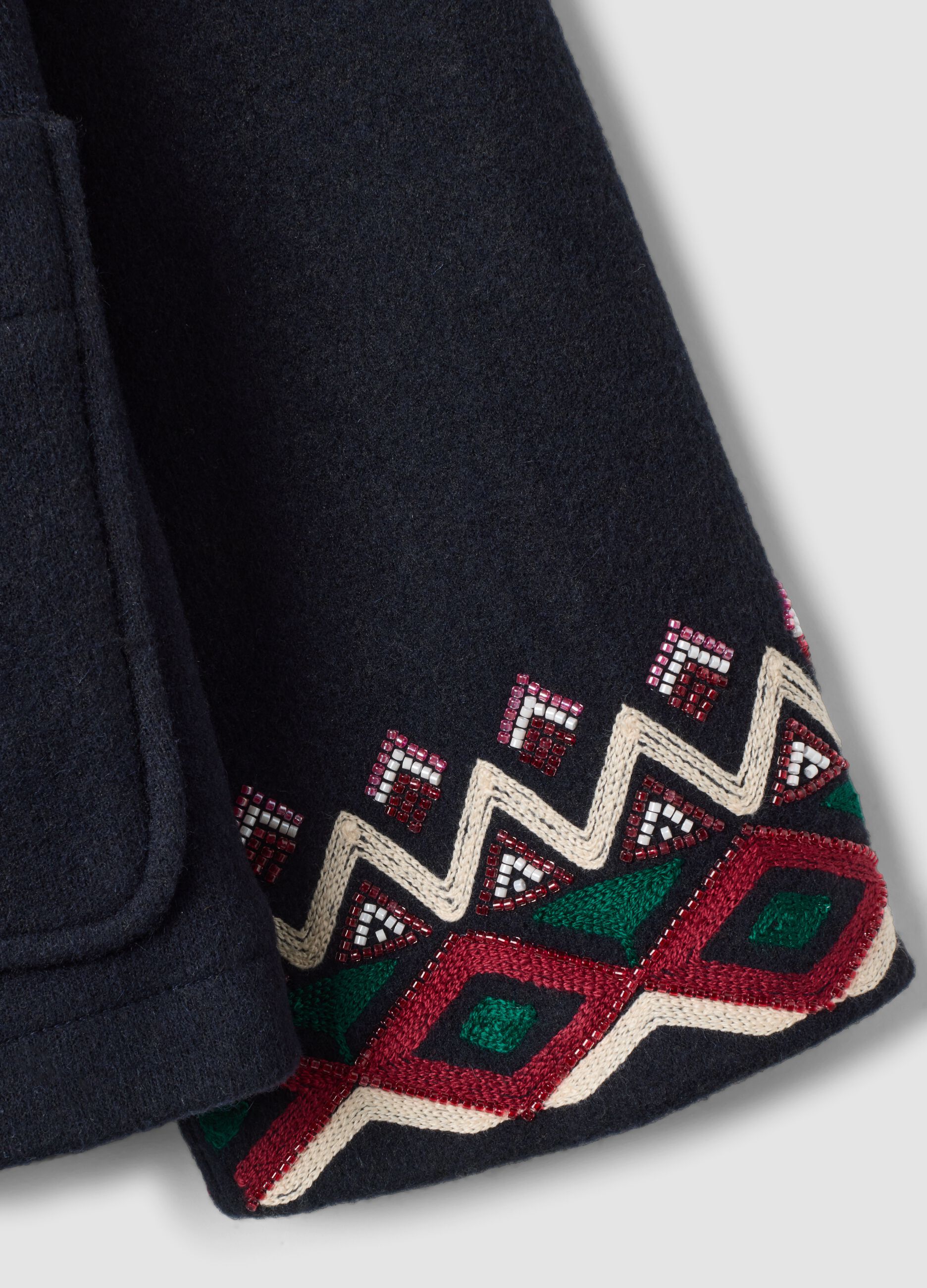Blue wool-blend coat with geometric embroidery