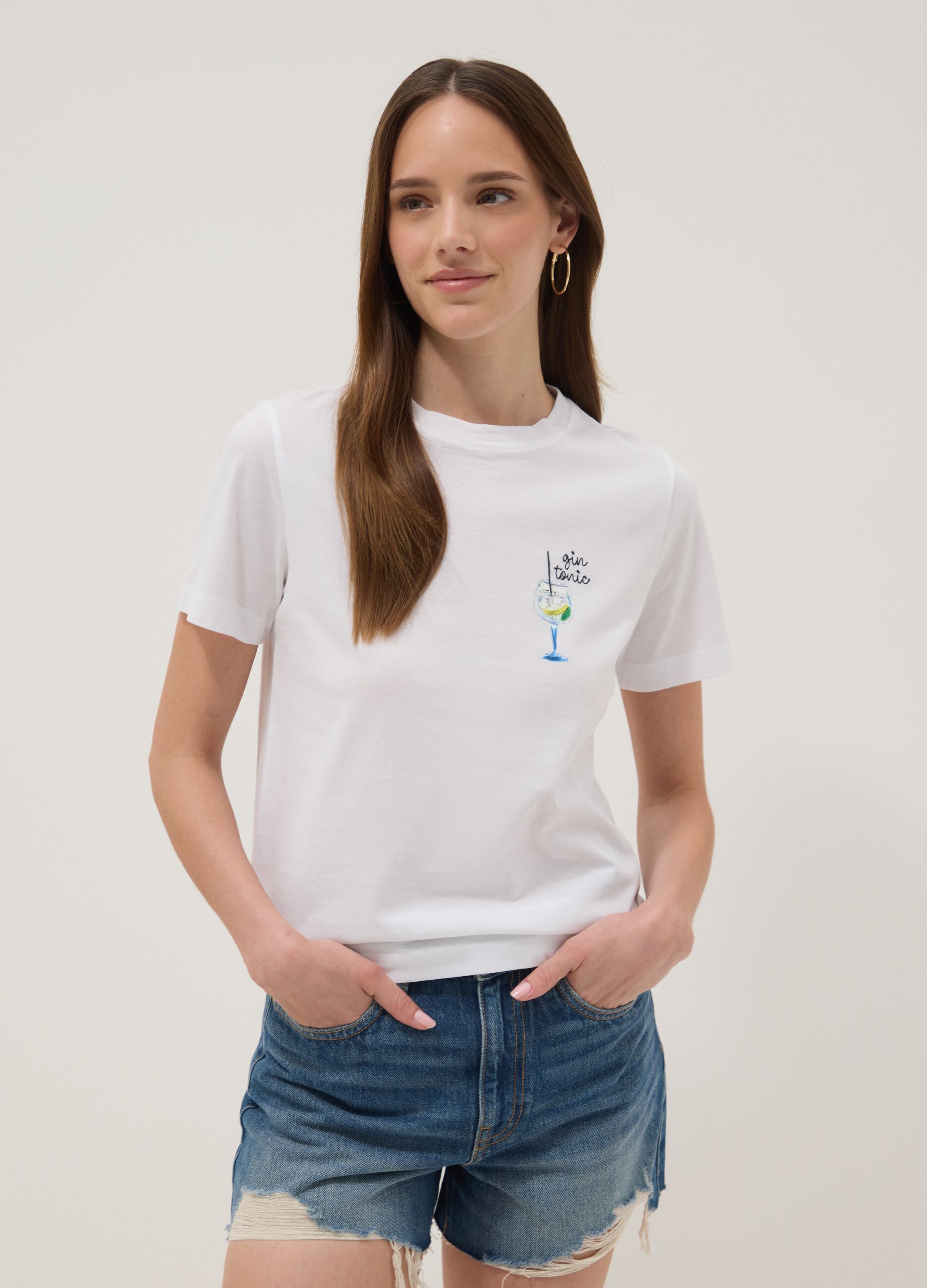 Wei&szlig;es T-Shirt aus reiner Baumwolle mit Print, Regular Fit