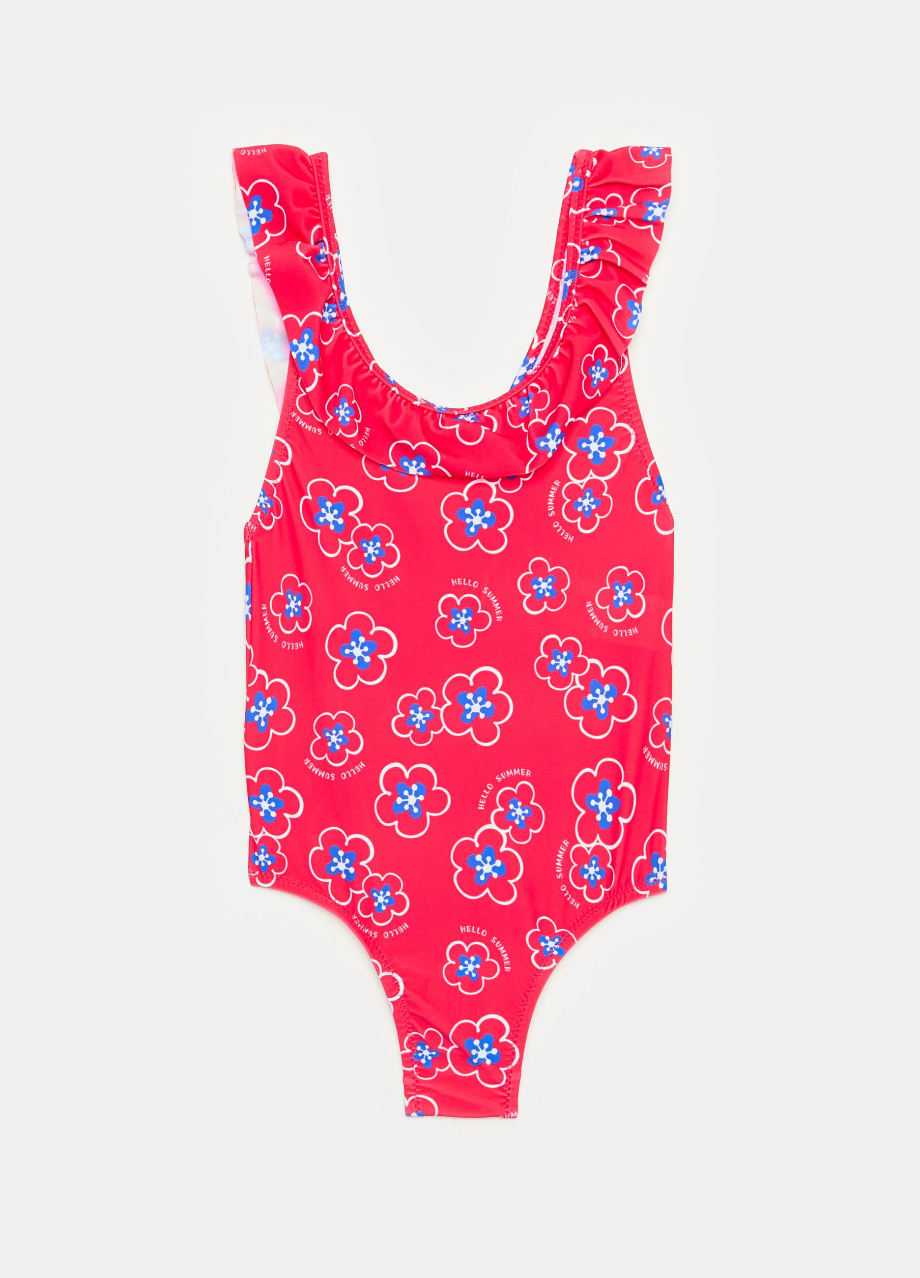 One-piece swimsuit with flounce and flowers print