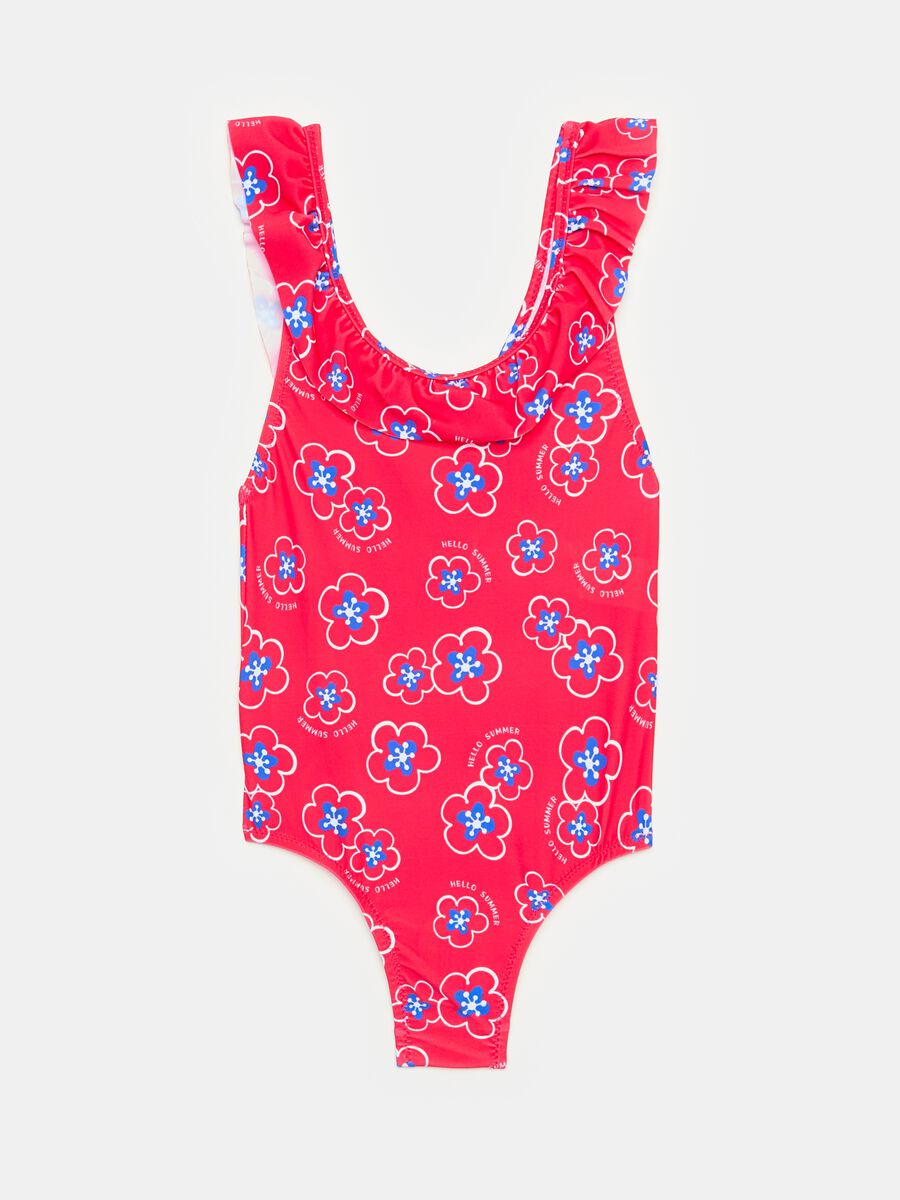 One-piece swimsuit with flounce and flowers print_0