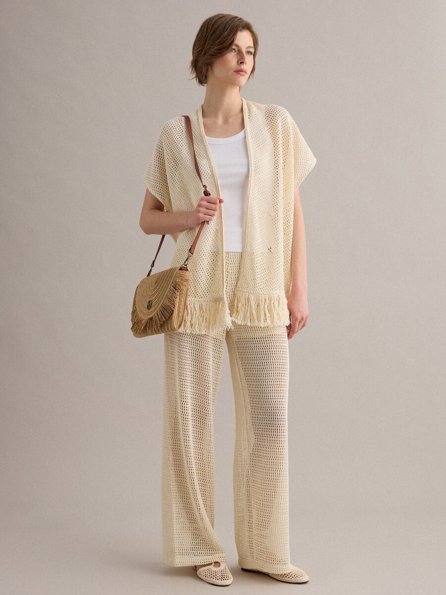 Beige crochet viscose-blend cardigan with fringes_2