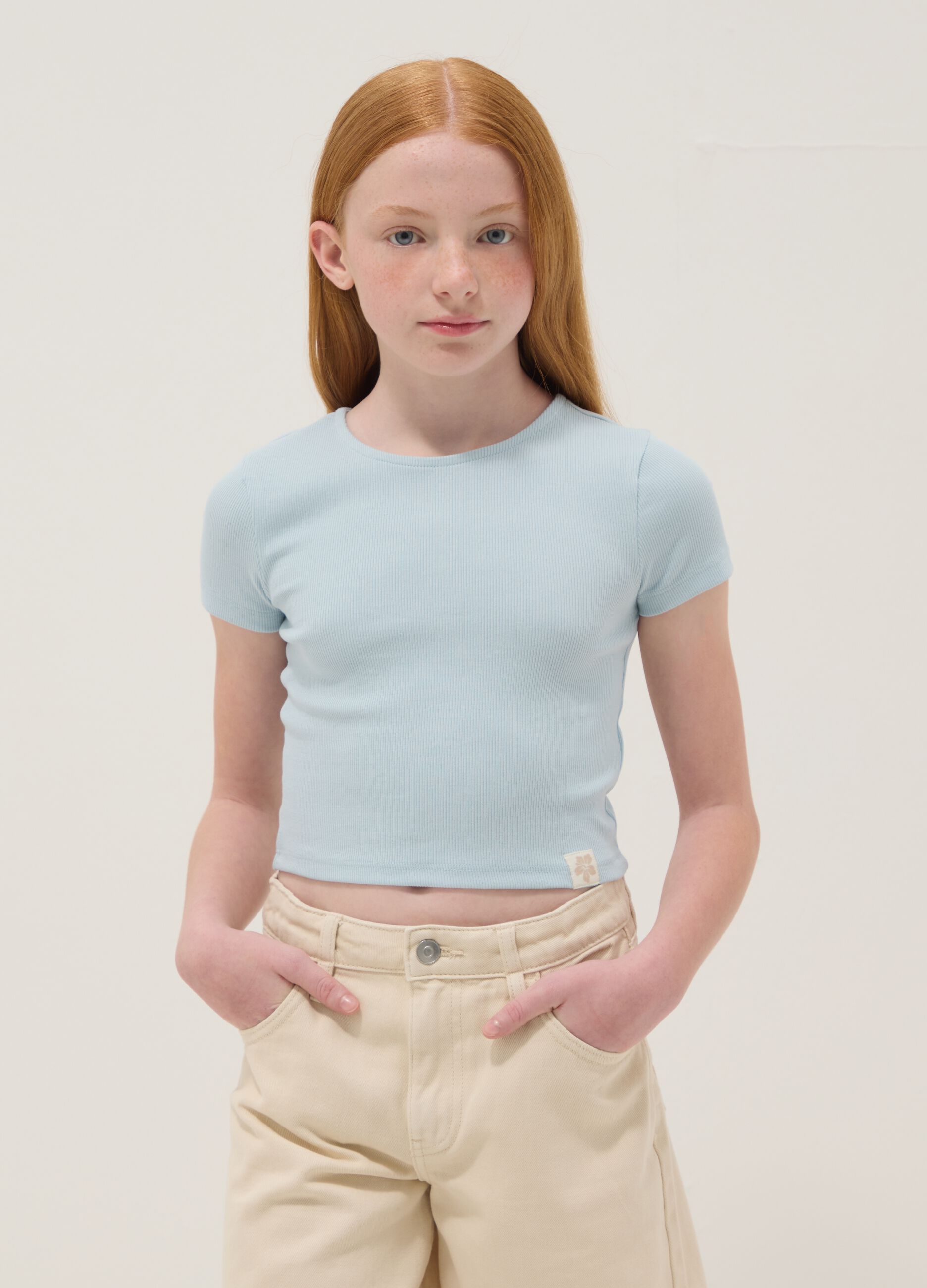 Blue stretch cotton short-sleeve T-shirt