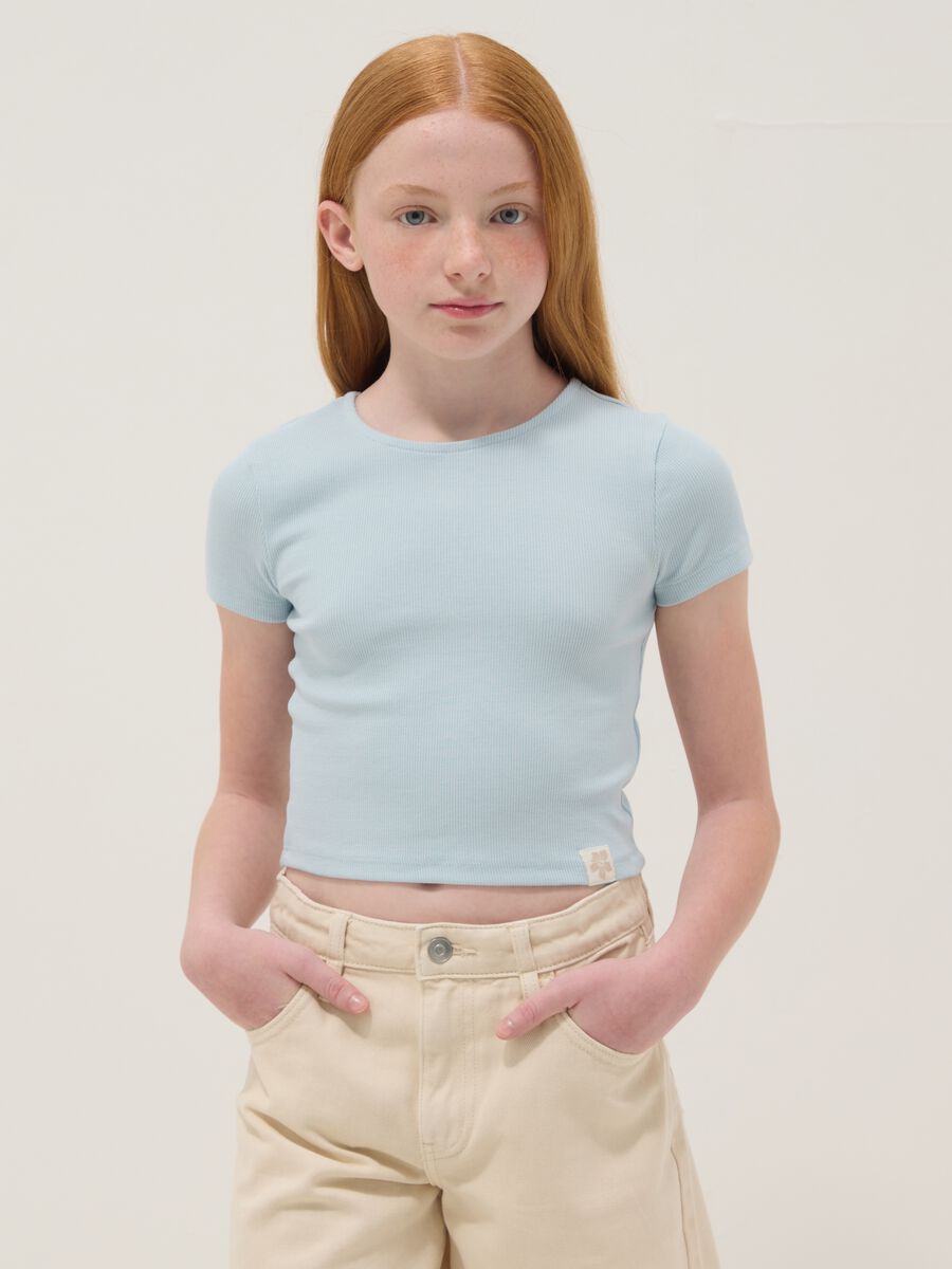 Blue stretch cotton short-sleeve T-shirt_0