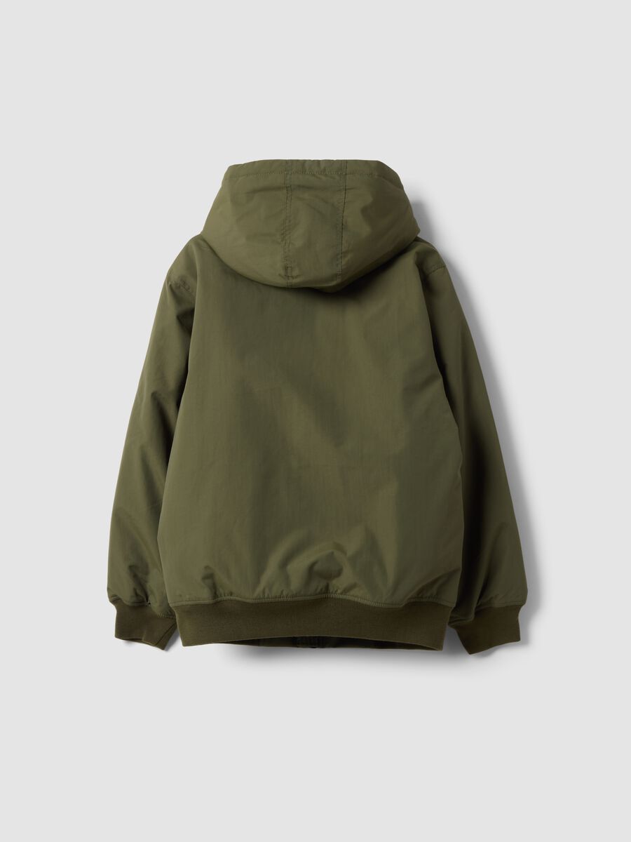 Green waterproof hooded bomber jacket with zip for boys_5