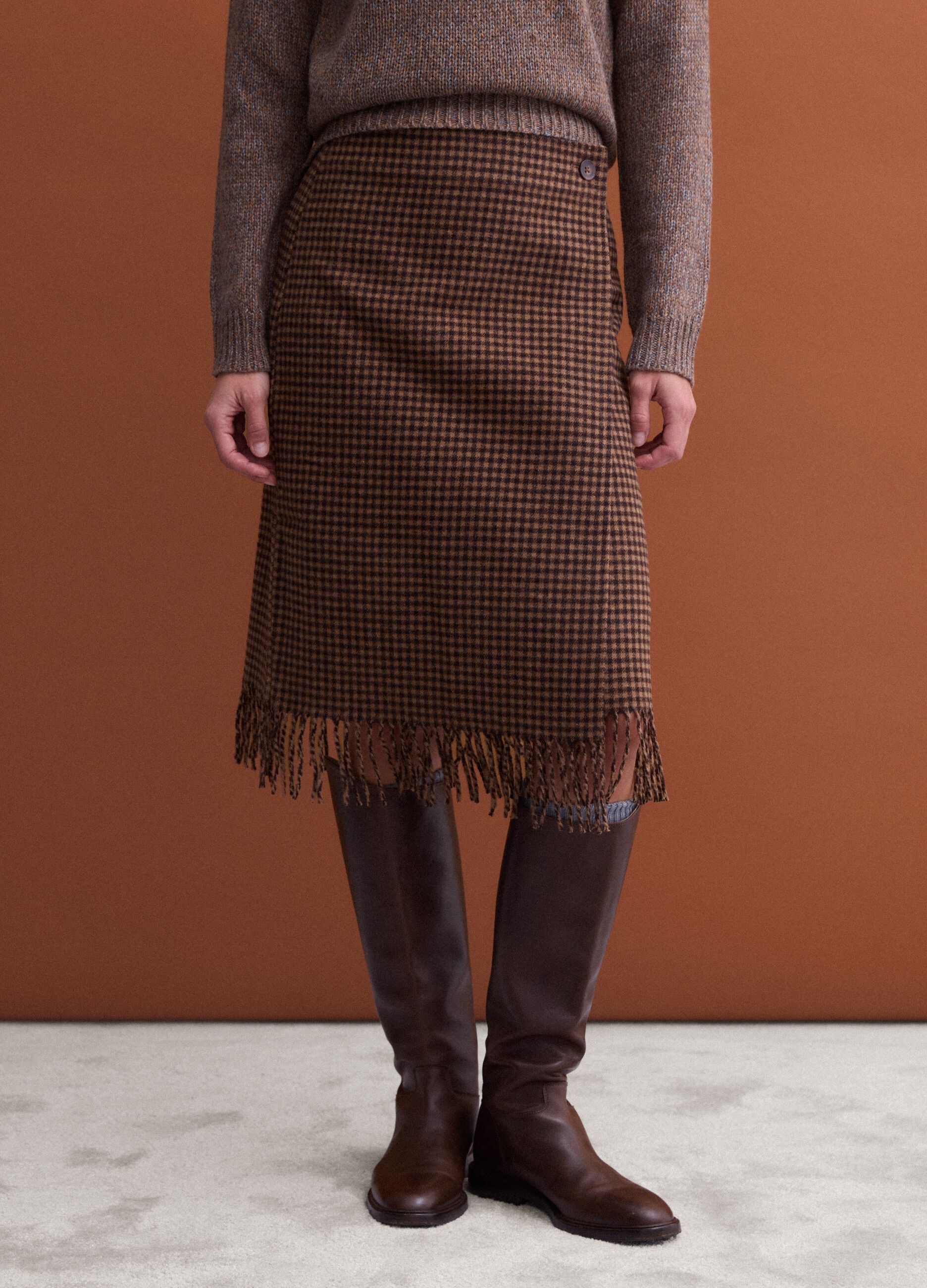 Brown and black wool-viscose blend skirt
