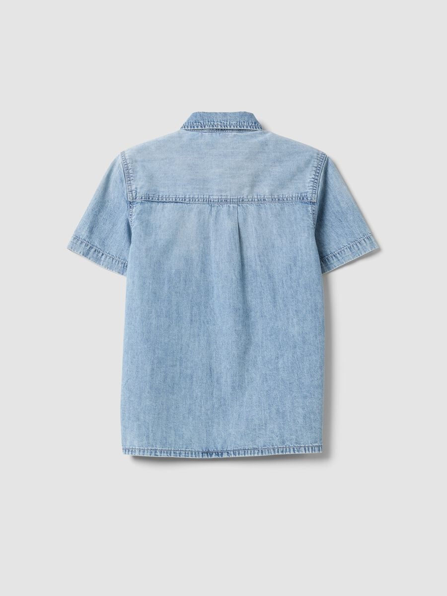 Light blue short-sleeve pure cotton denim shirt_4