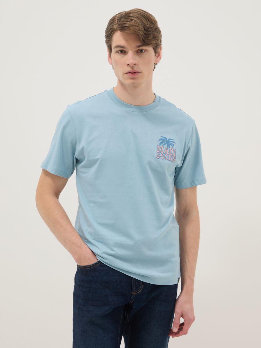 Blue short-sleeve pure cotton T-shirt with print, relaxed fit_0