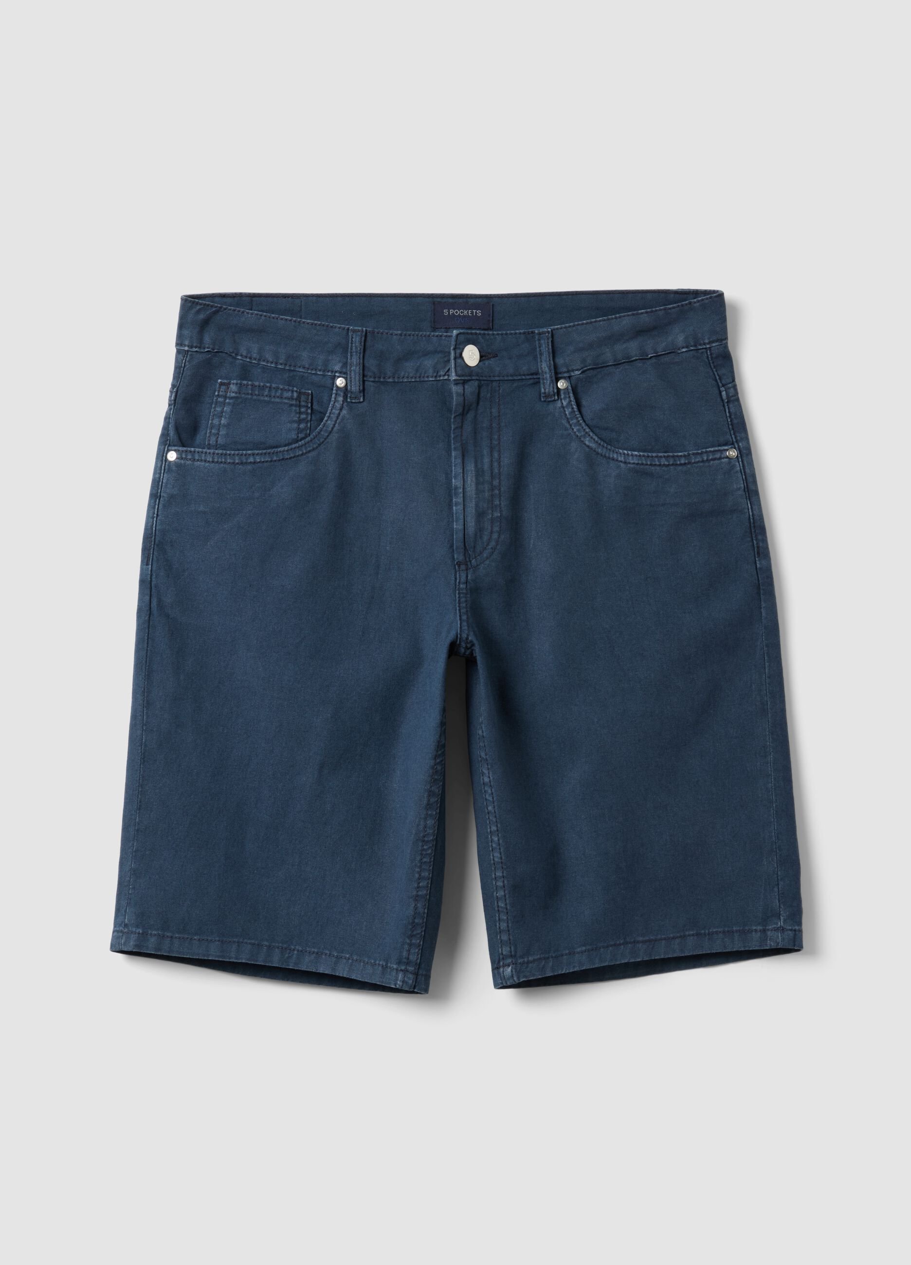 Blue linen-cotton blend five-pocket Bermuda shorts