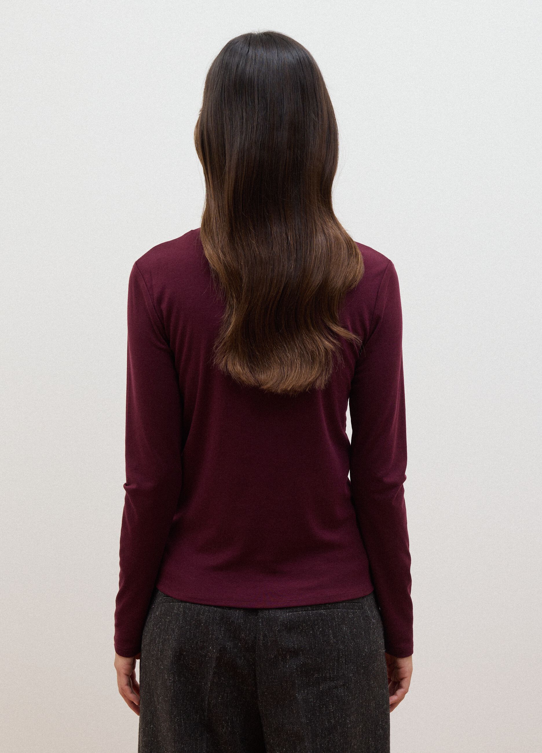 Purple lyocell and stretch wool mock-neck T-shirt, regular fit