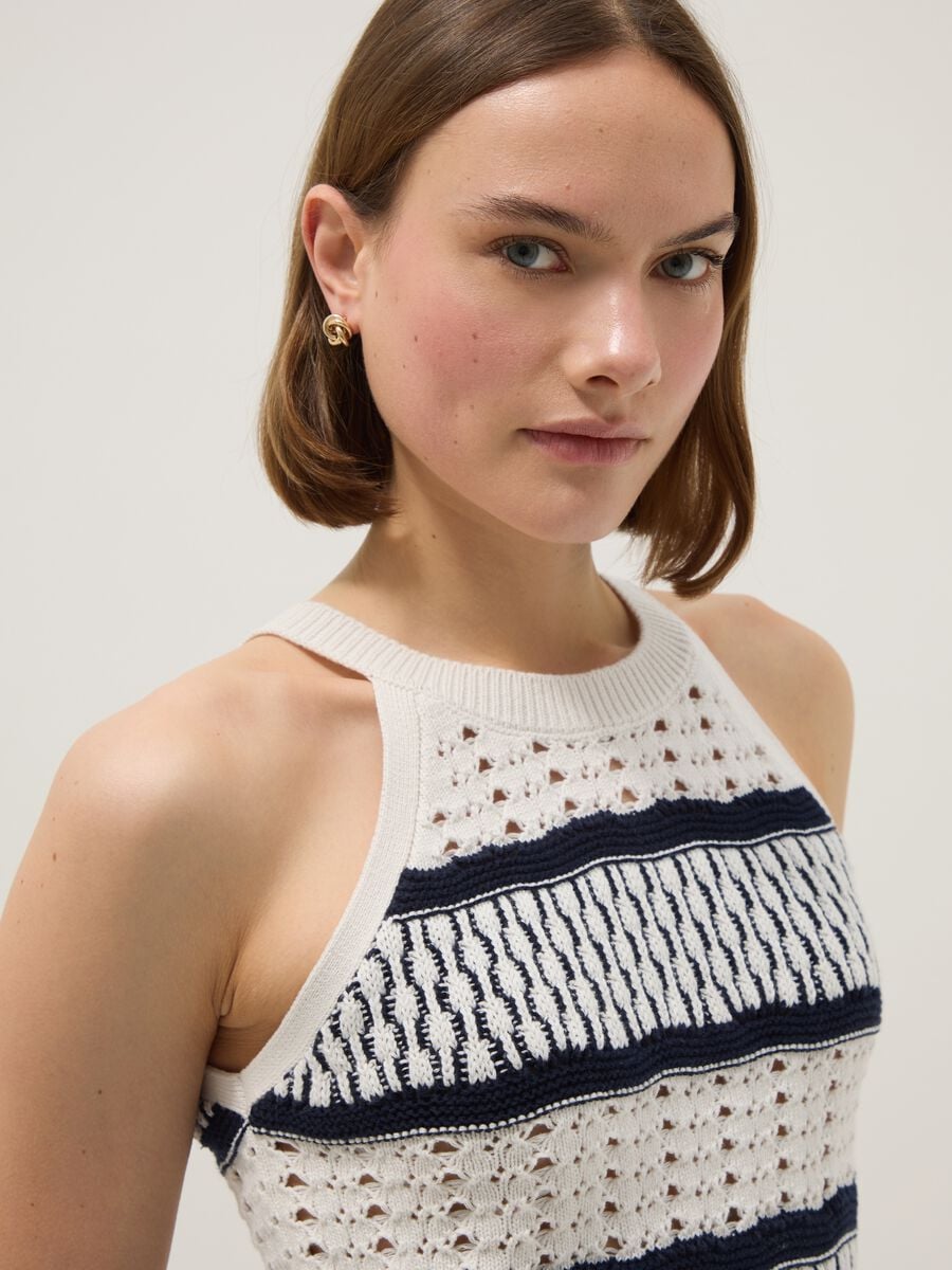 Fitted vest in pure cotton with multicolour stripes and mesh texture_0