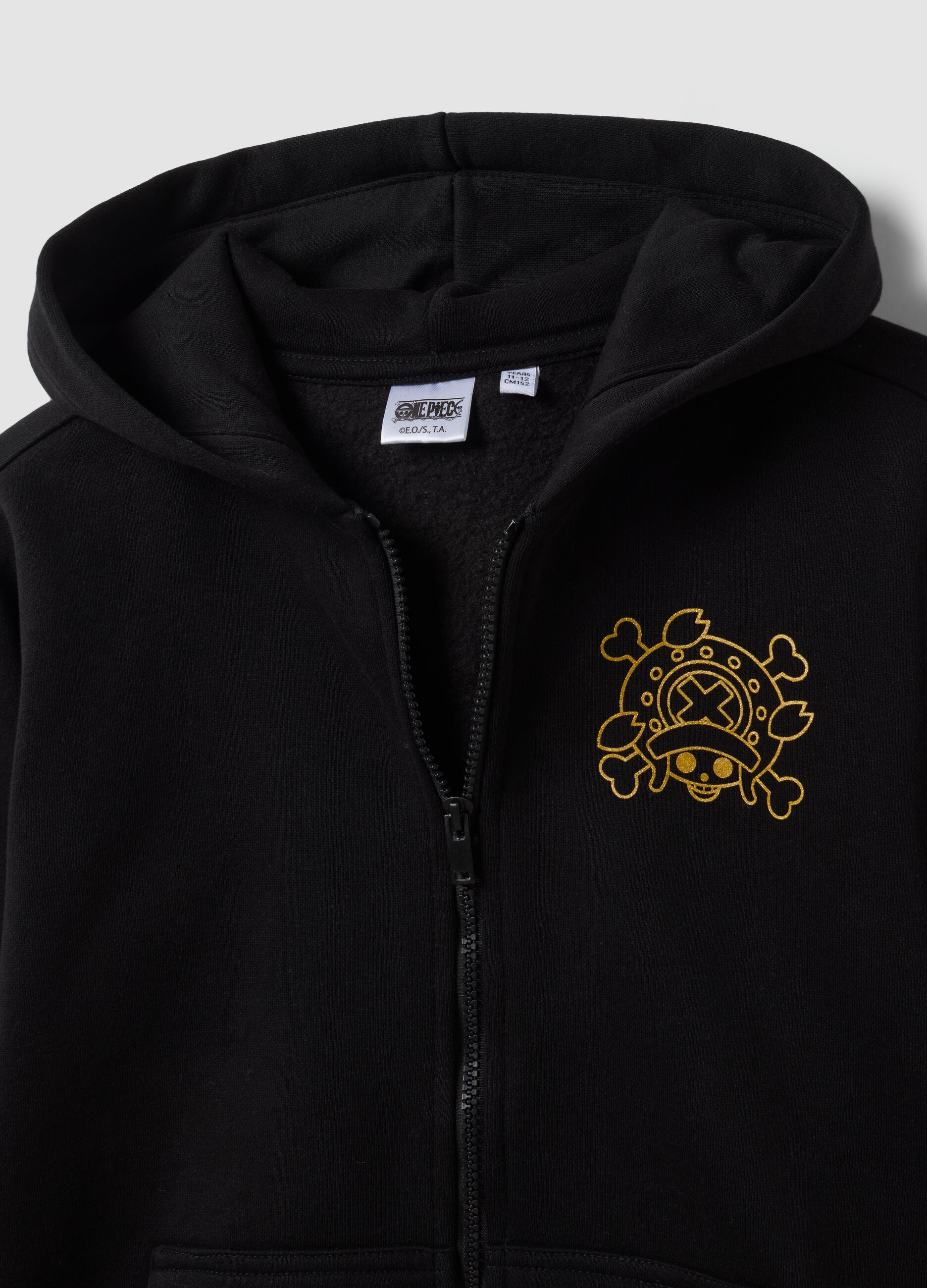 Black cotton-blend zip hoodie with One Piece print