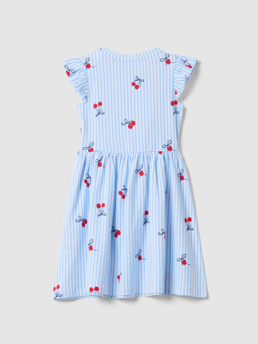 Pure cotton dress with blue stripes, ruffles and prints for girls_1