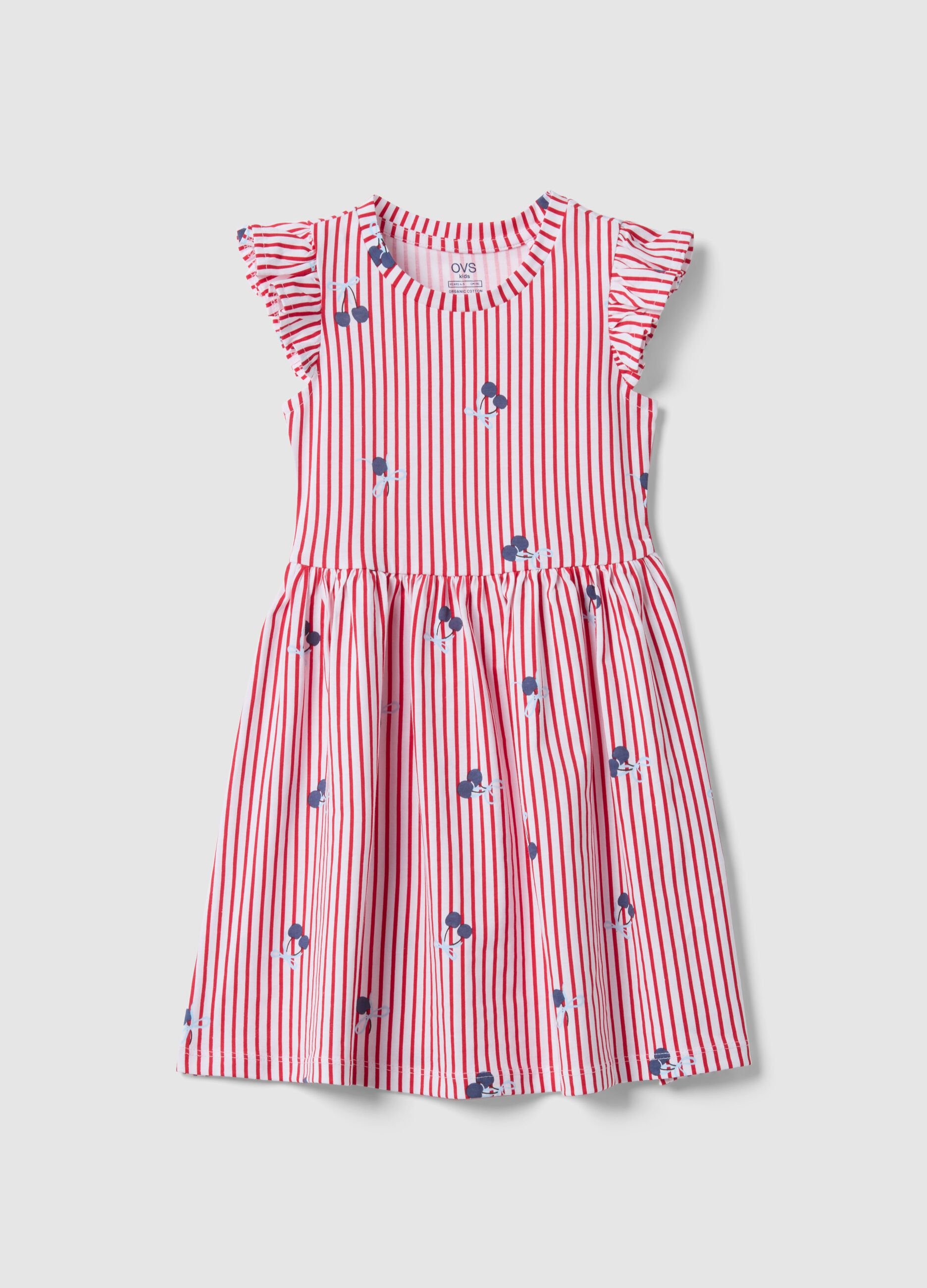 Vestido de algod&atilde;o puro &agrave;s riscas vermelhas com folhos e estampas para menina