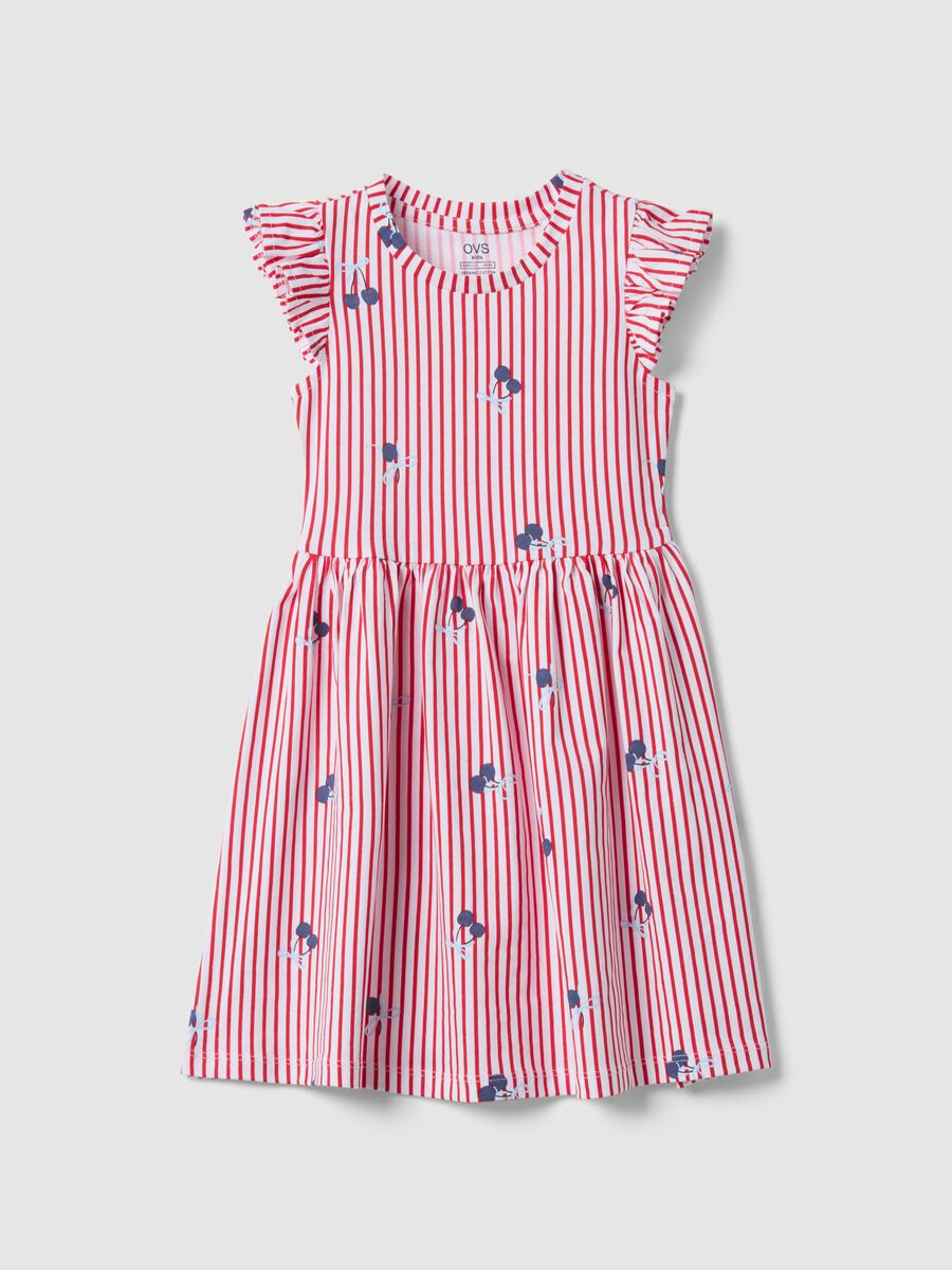 Red striped pure cotton dress with ruffles and prints for girls_0