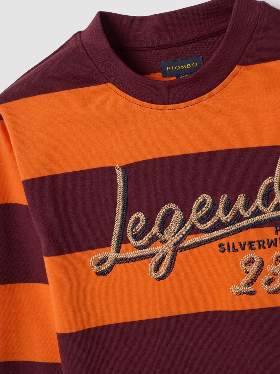 Orangefarbenes, gestreiftes T-Shirt aus reiner Baumwolle mit Rundhalsausschnitt_1