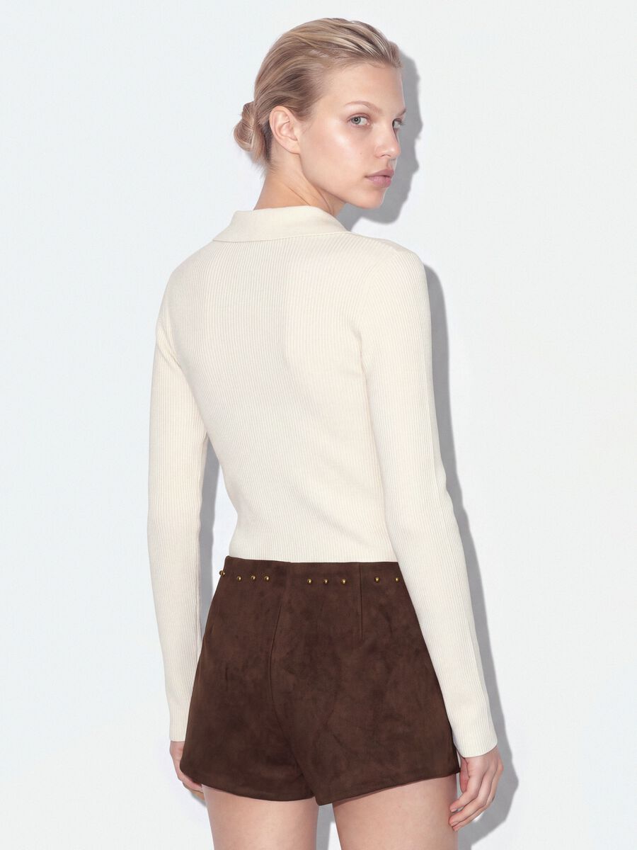 White viscose-blend fitted polo-collar top_3