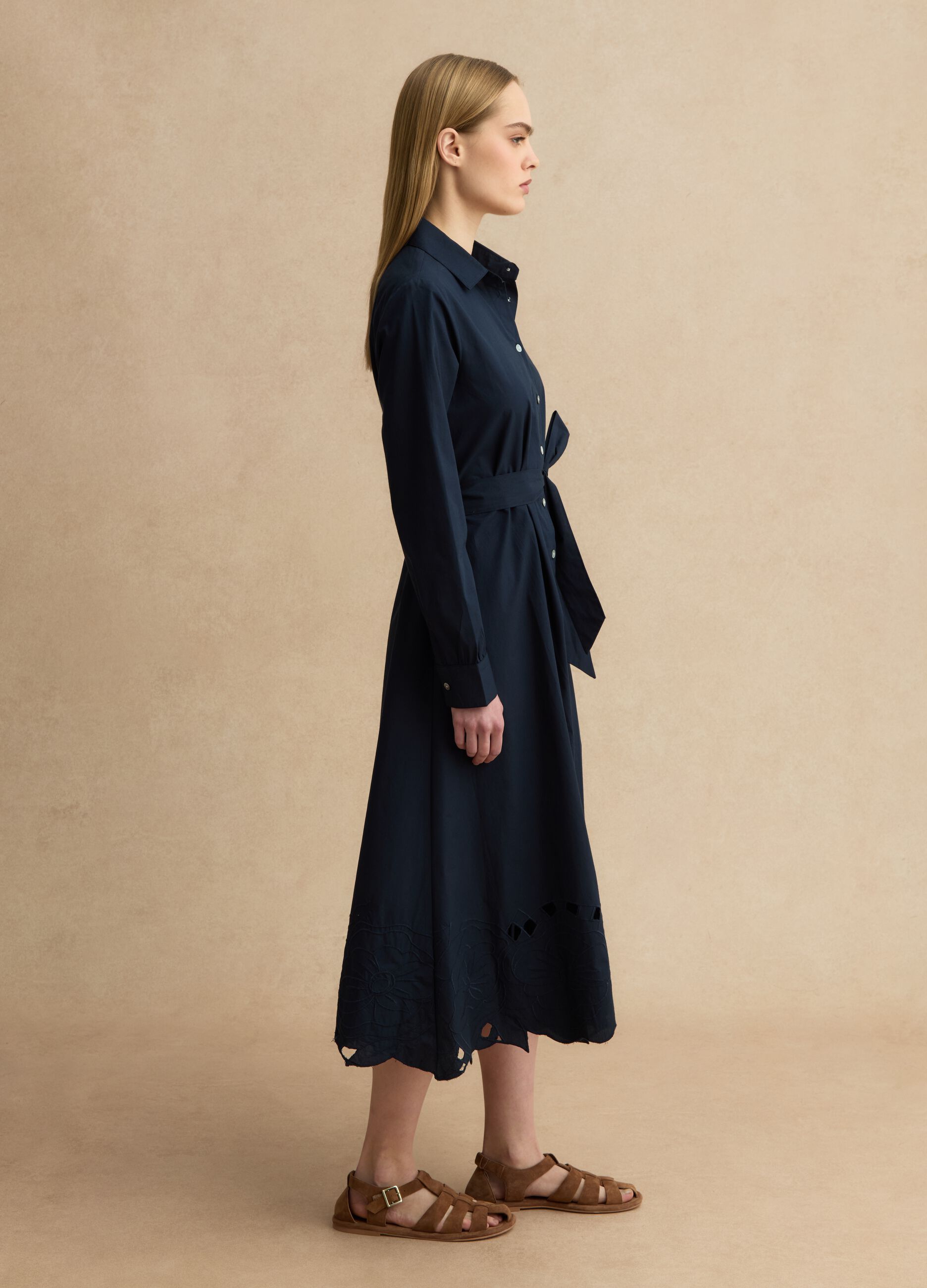 Long blue dress in pure cotton with regular fit and embroidery