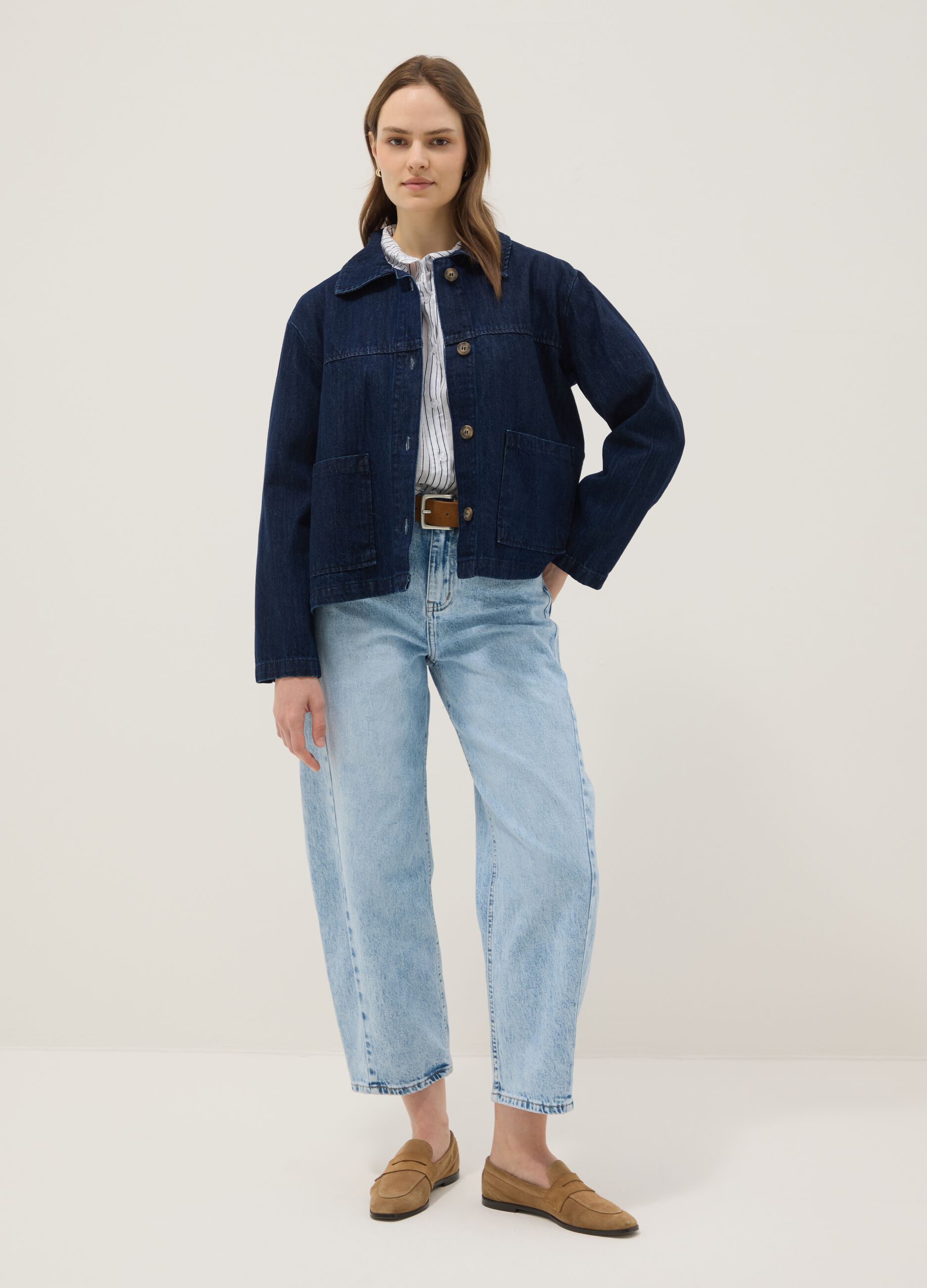 Blue regular fit pure cotton denim jacket with pockets