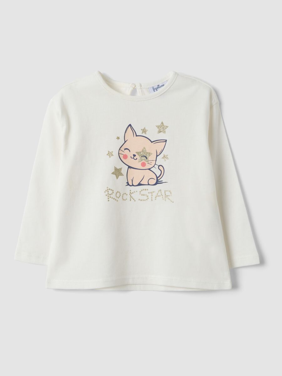 Maglietta bianca in puro cotone organico con stampa gattino per bimba_0