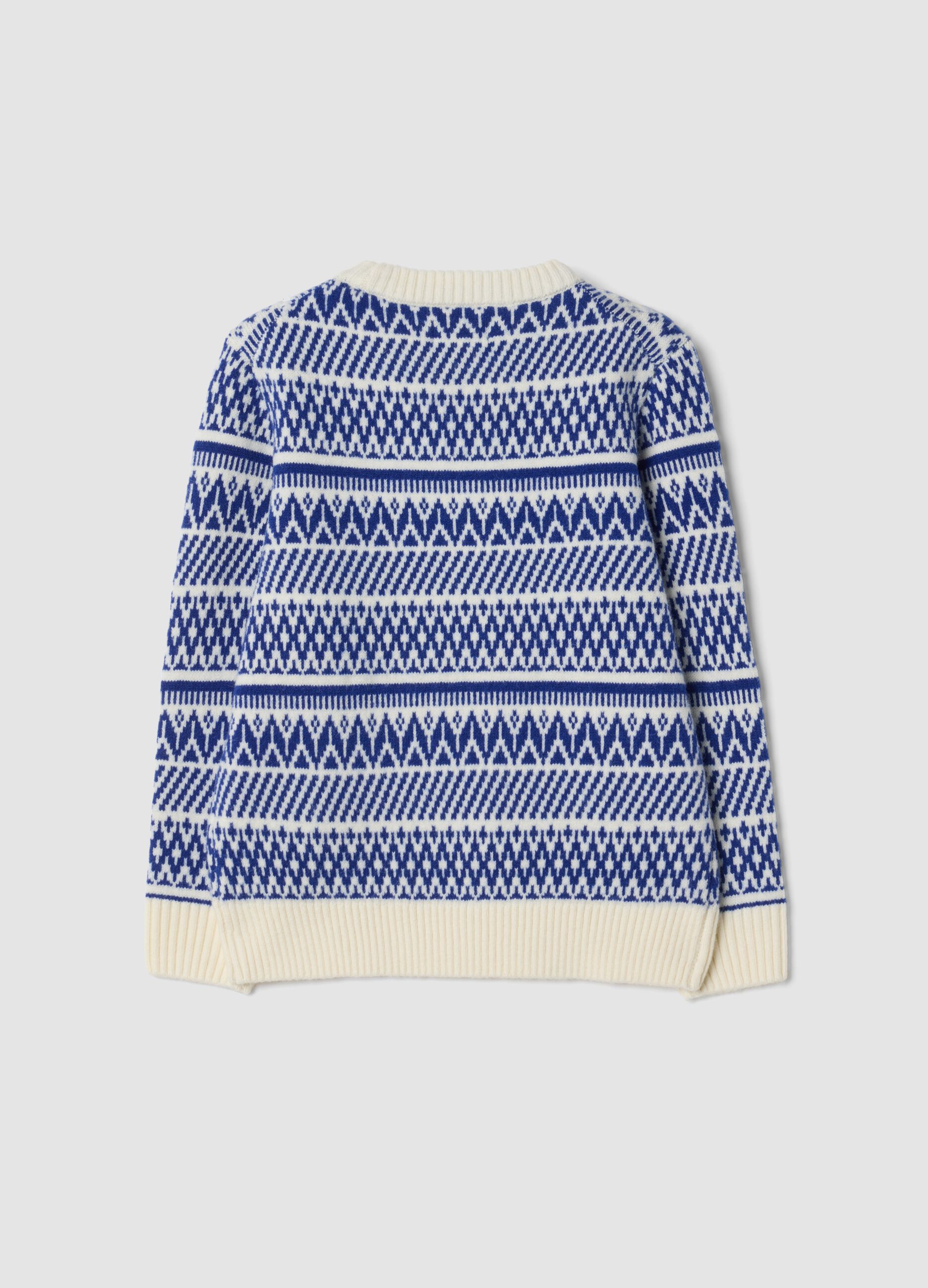 Ivory and royal blue jacquard crew-neck jumper, regular fit