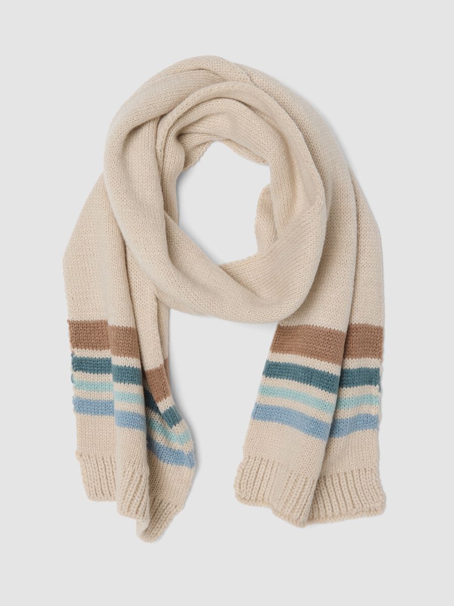Sciarpa beige in maglia con righe a contrasto_0